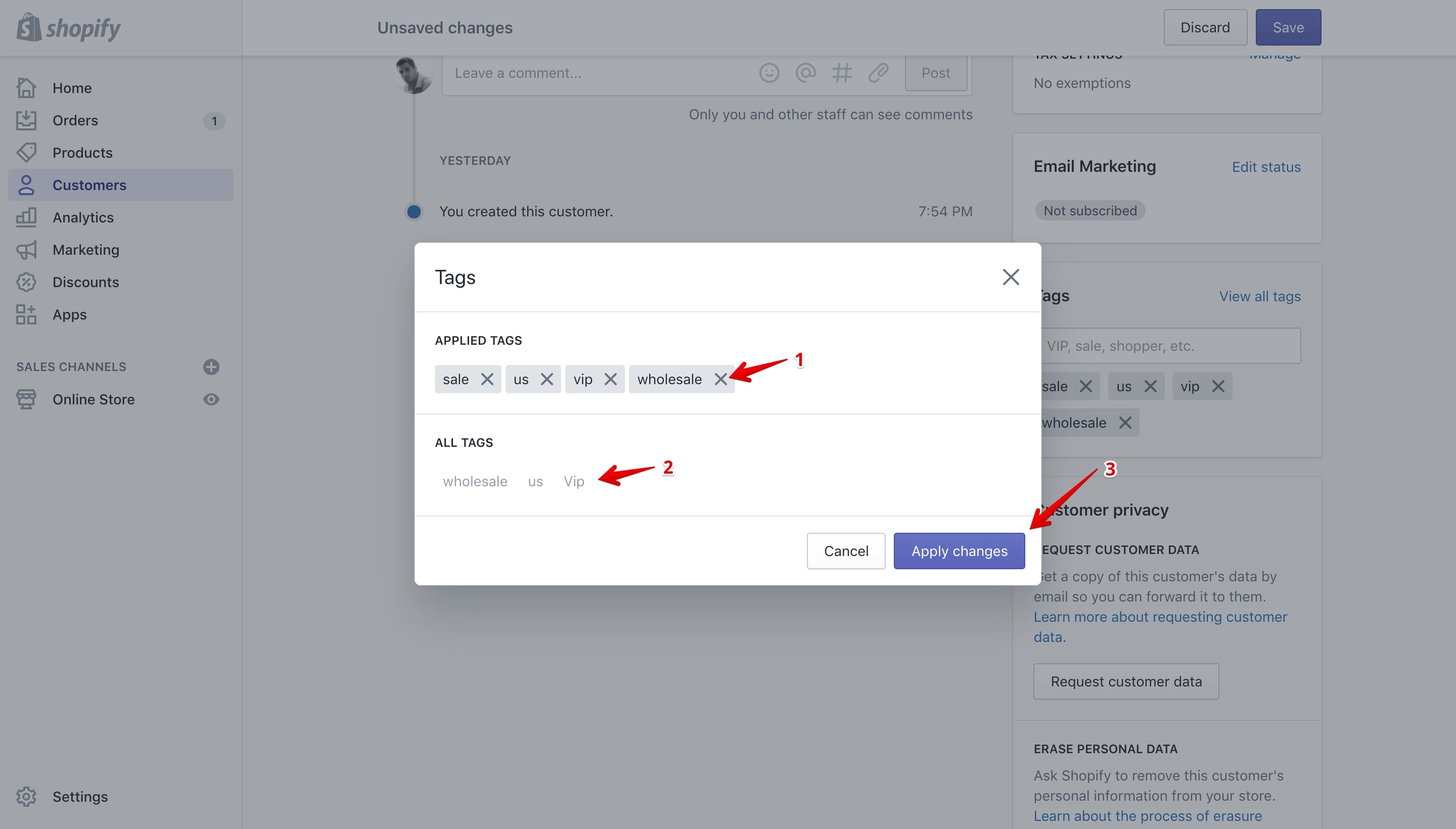 The edit tags pop-up on the customer details page.