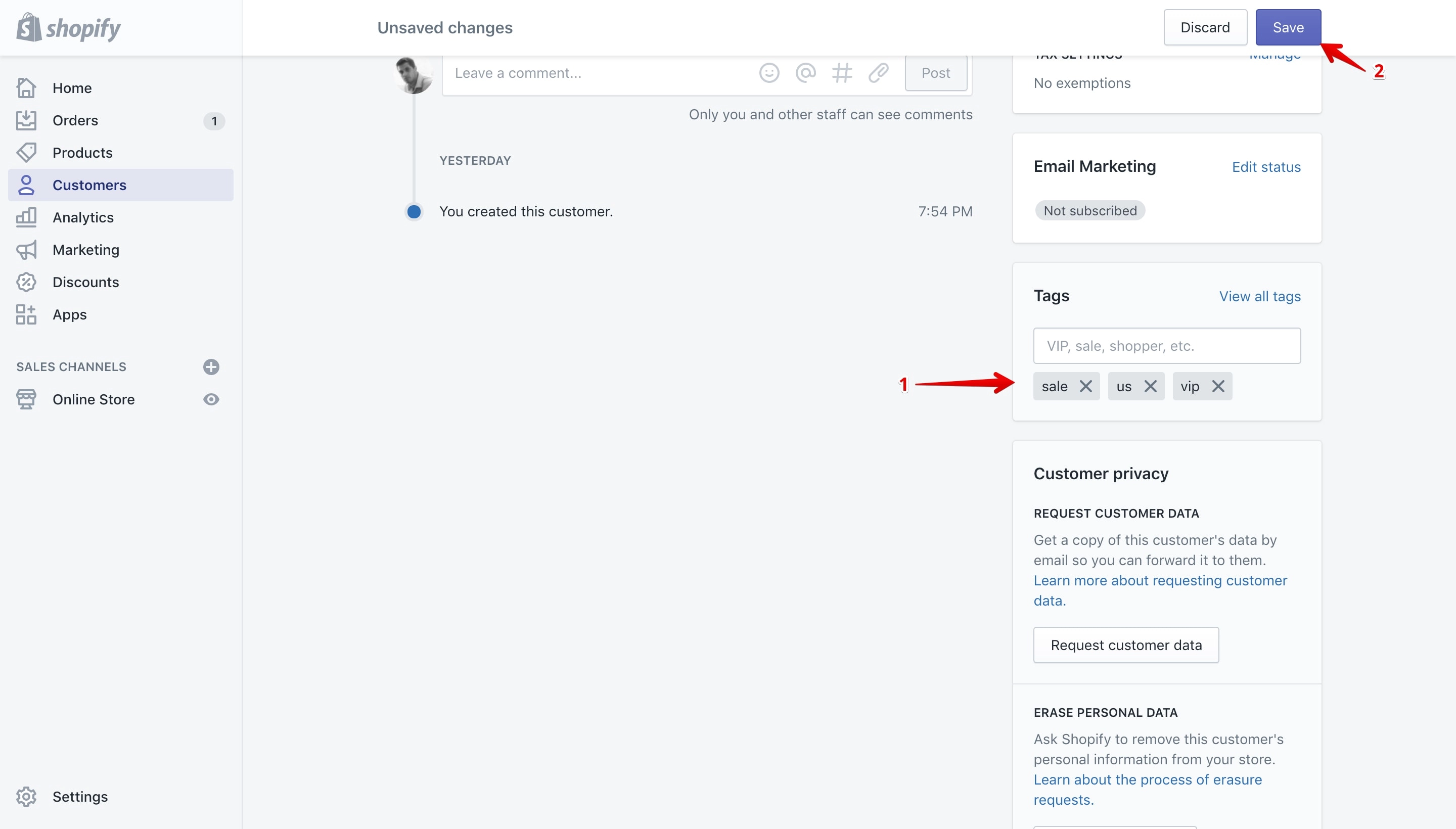 Tag removed on the customer details page.