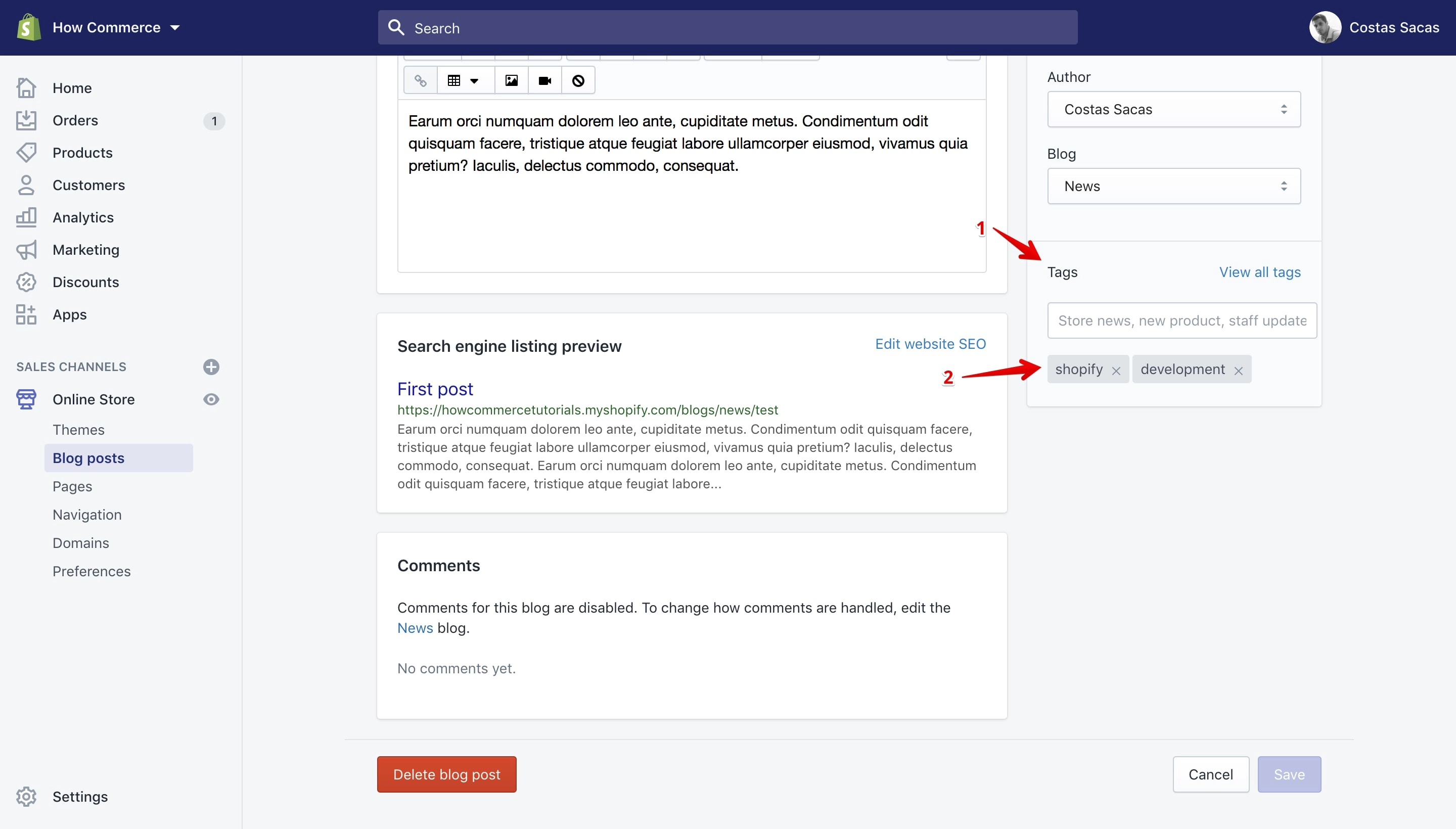 Shopify tags section on the blog post details page.