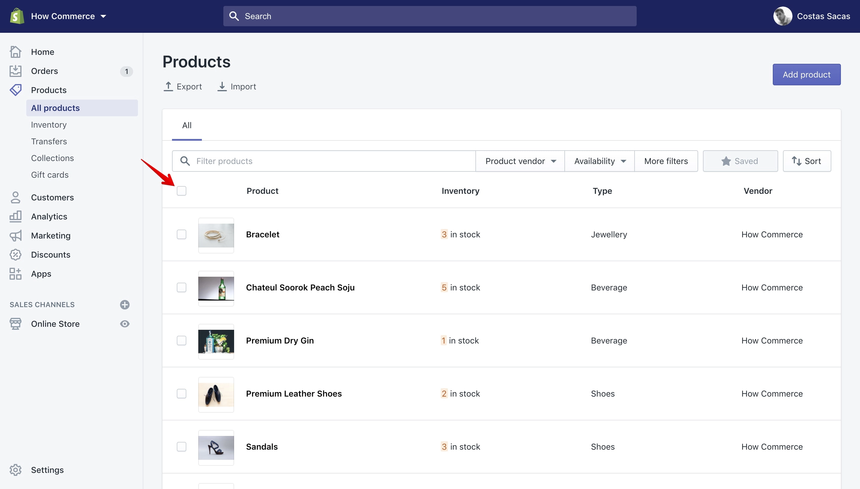 Select all items listed on a page in the Shopify dashboard.