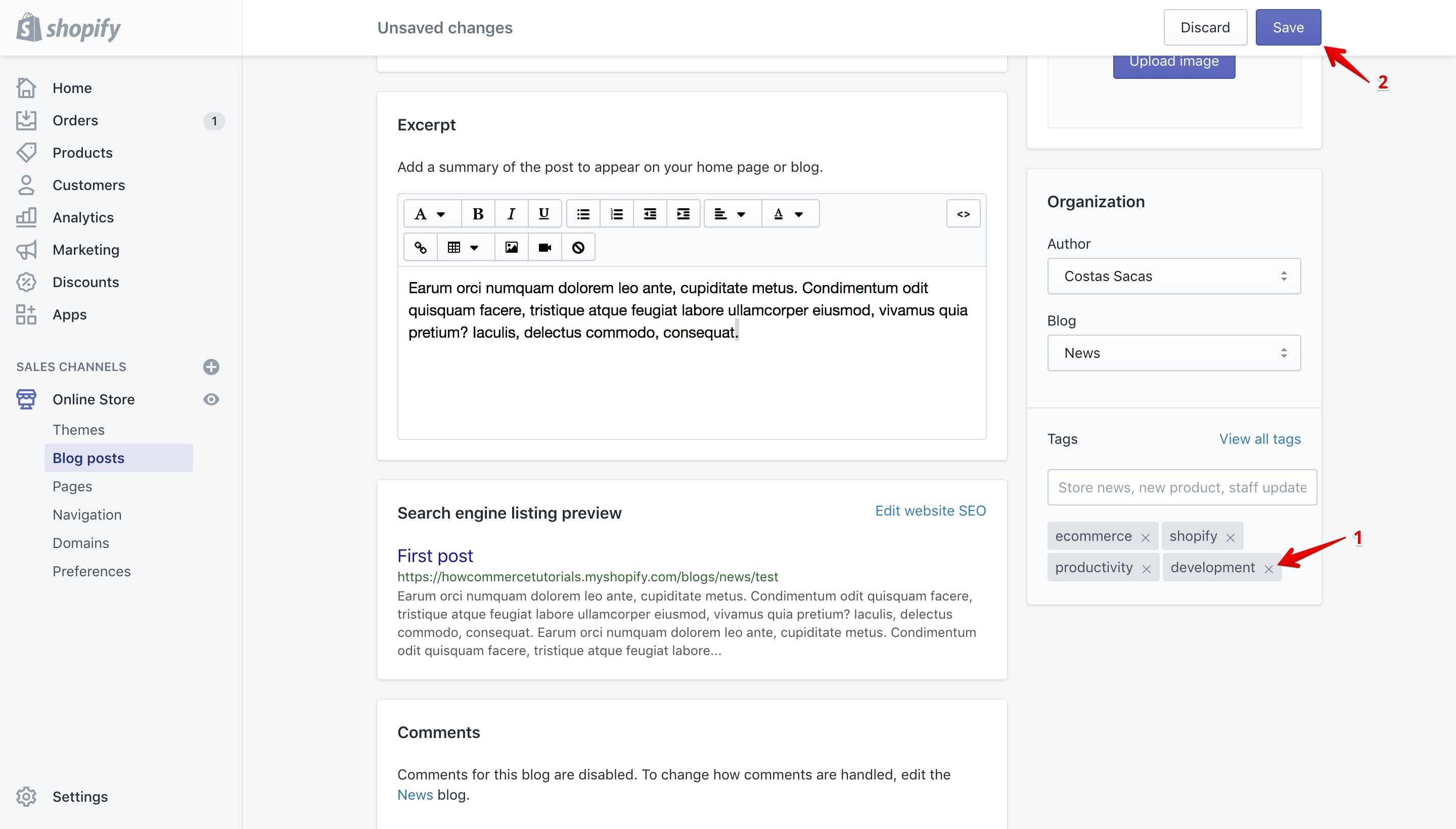 Remove tags from the Tags section on the blog post details page.