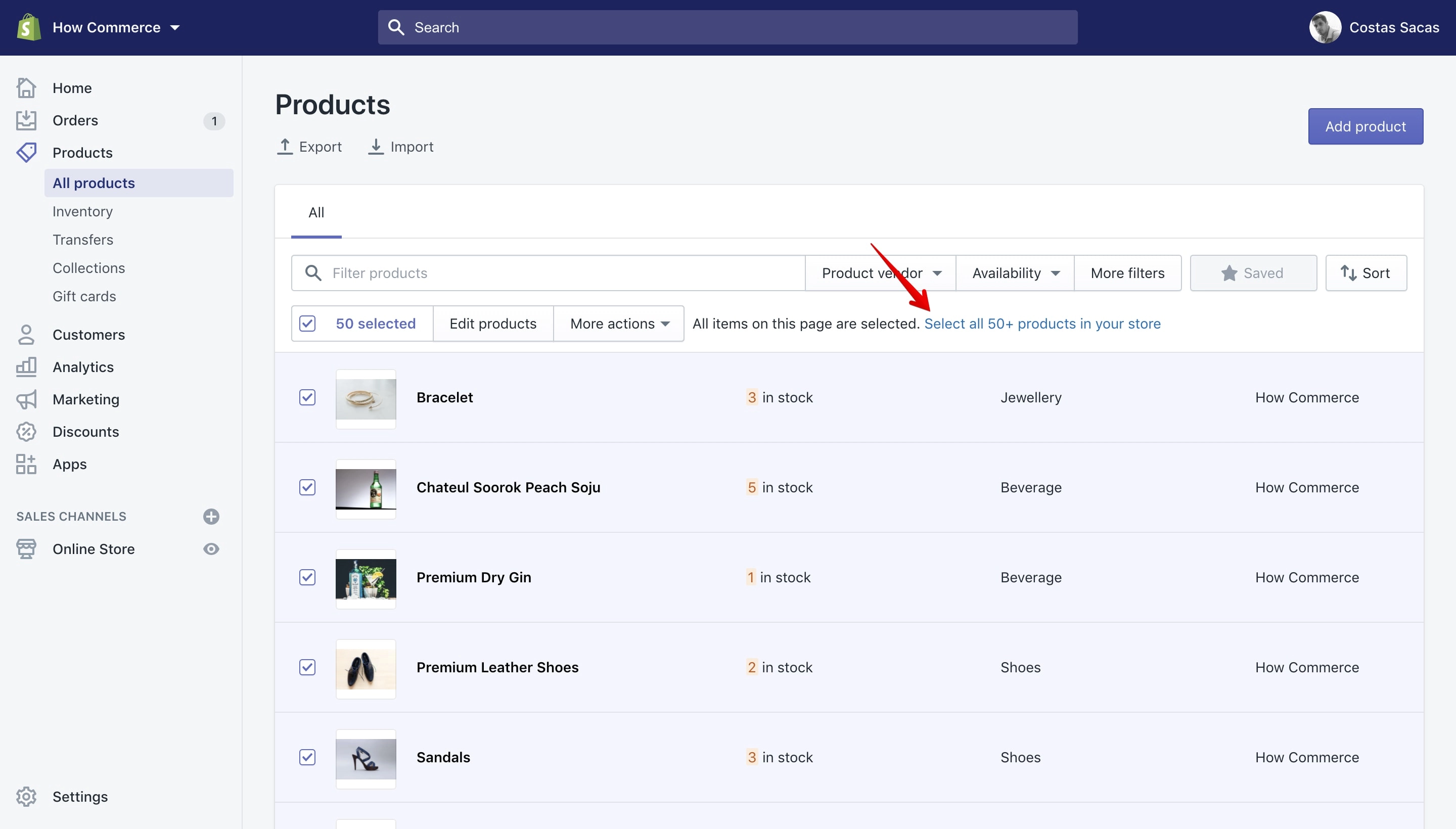 Select all items in the store in the Shopify dashboard.