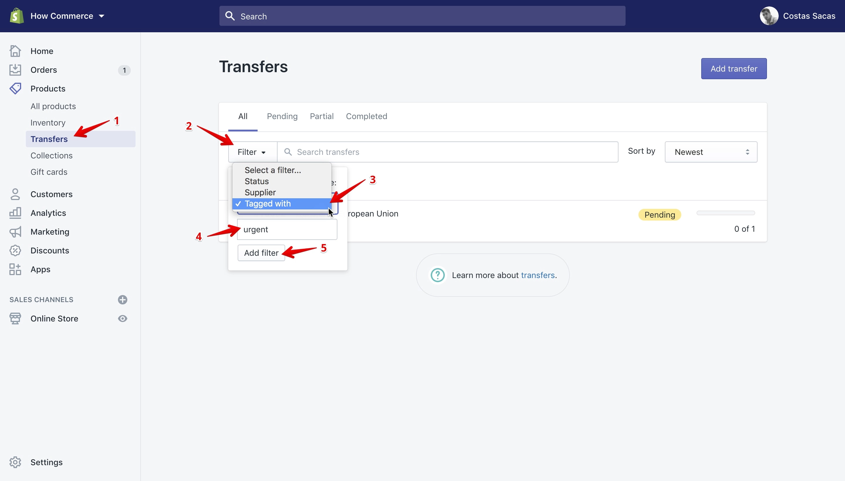 Filter transfers by tag.