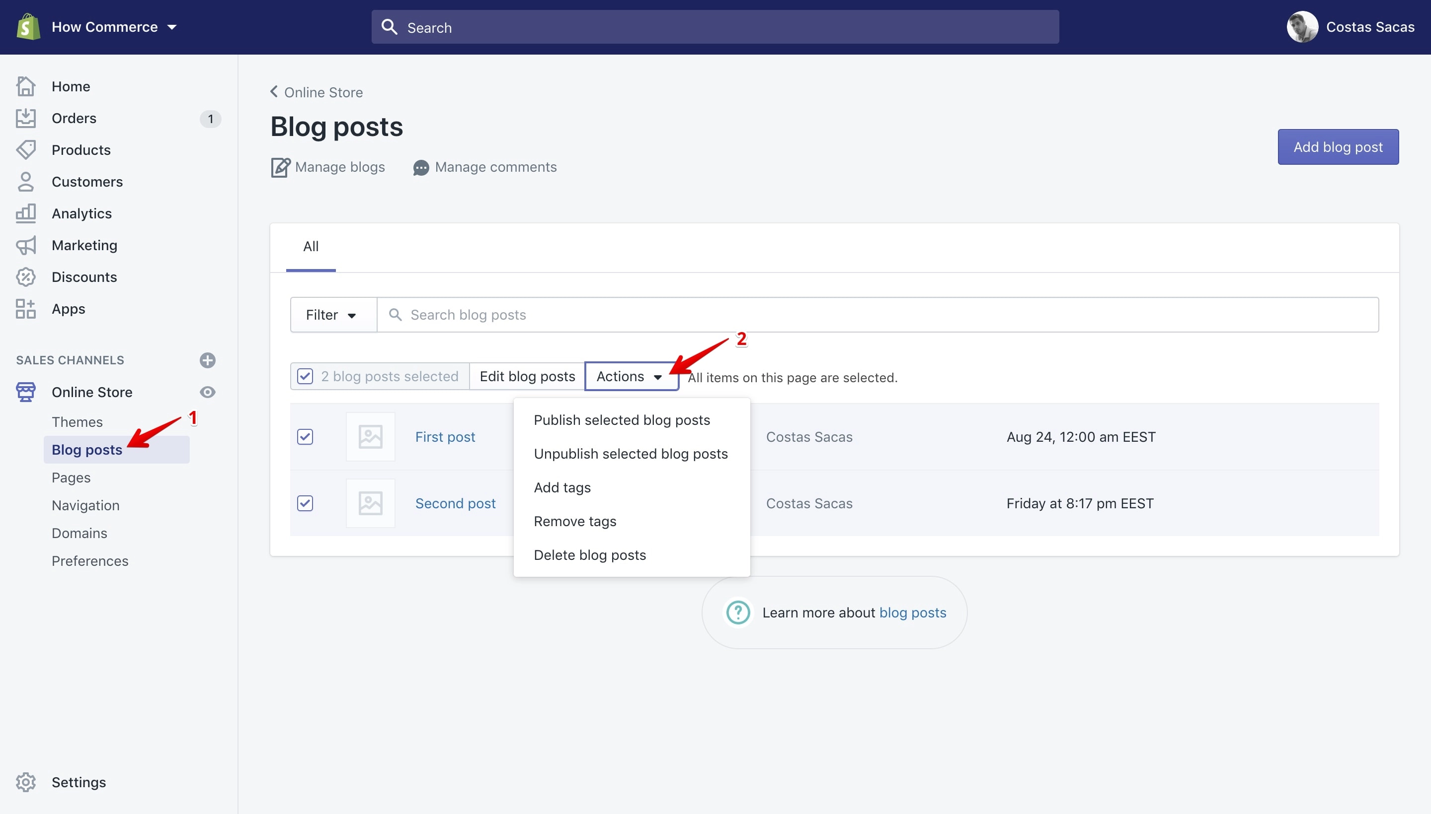 Bulk actions available on the Blog posts section.