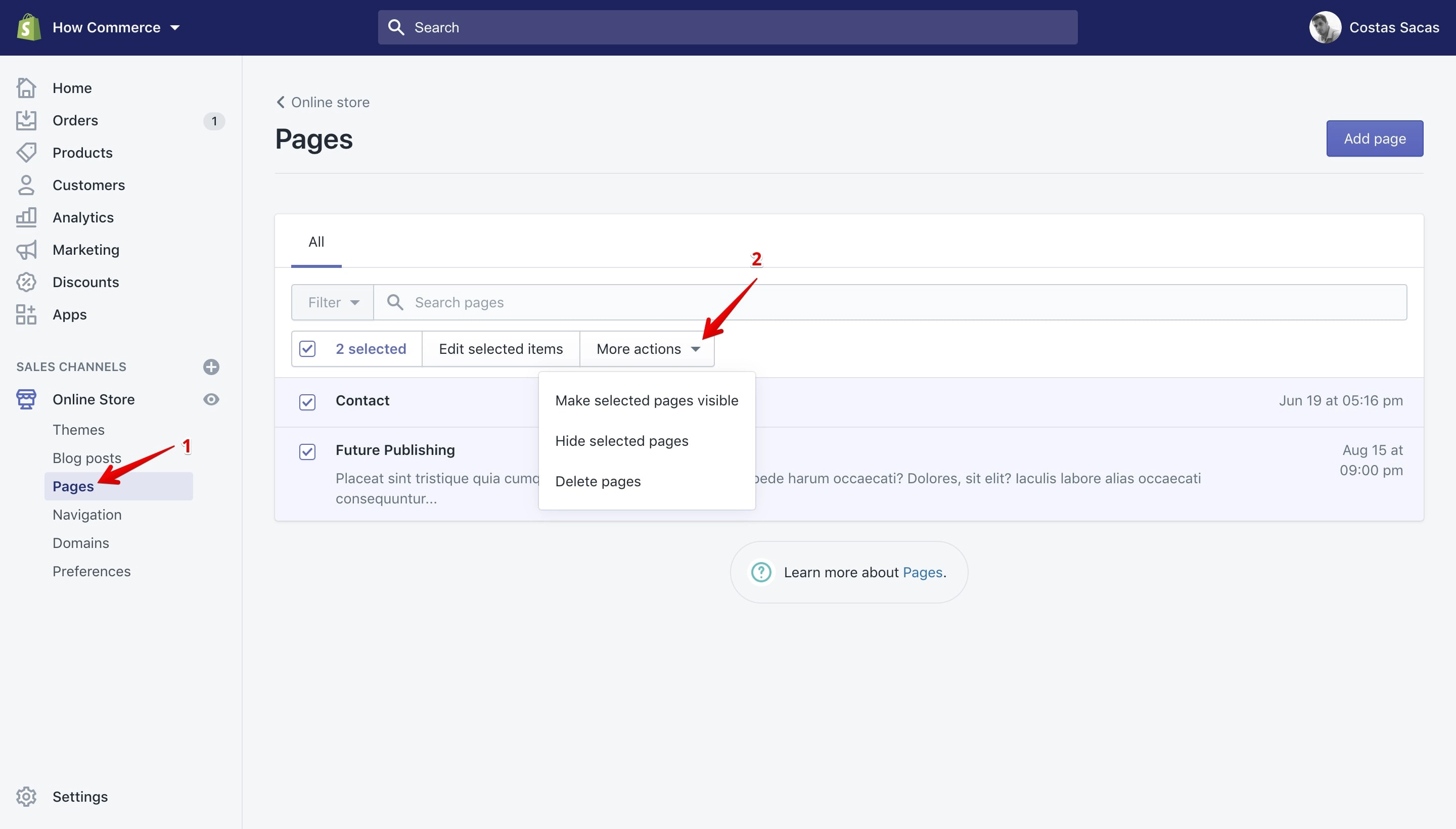 Bulk actions available on the Pages section.