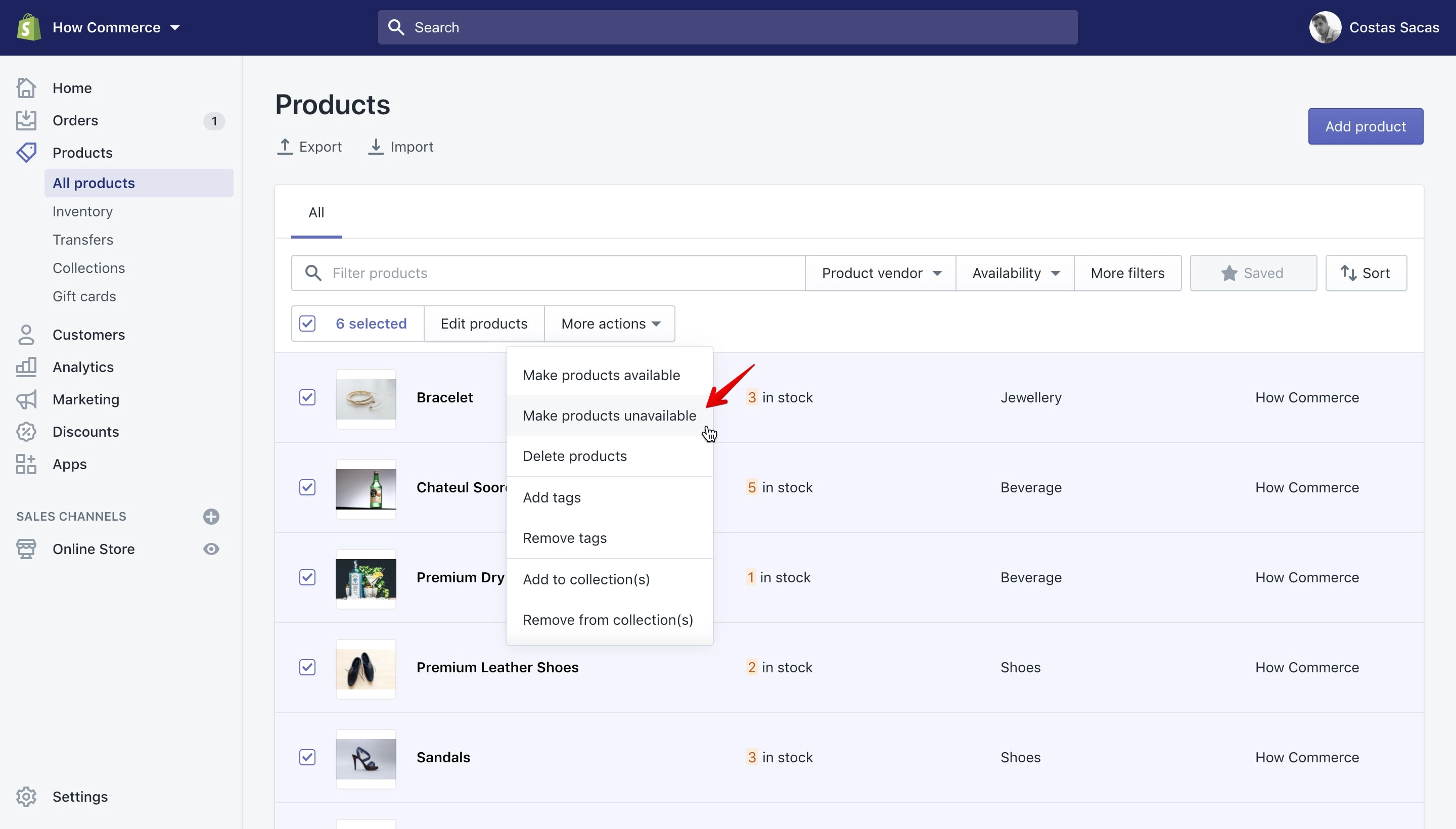 Select Bulk Action - Make products unavailable.