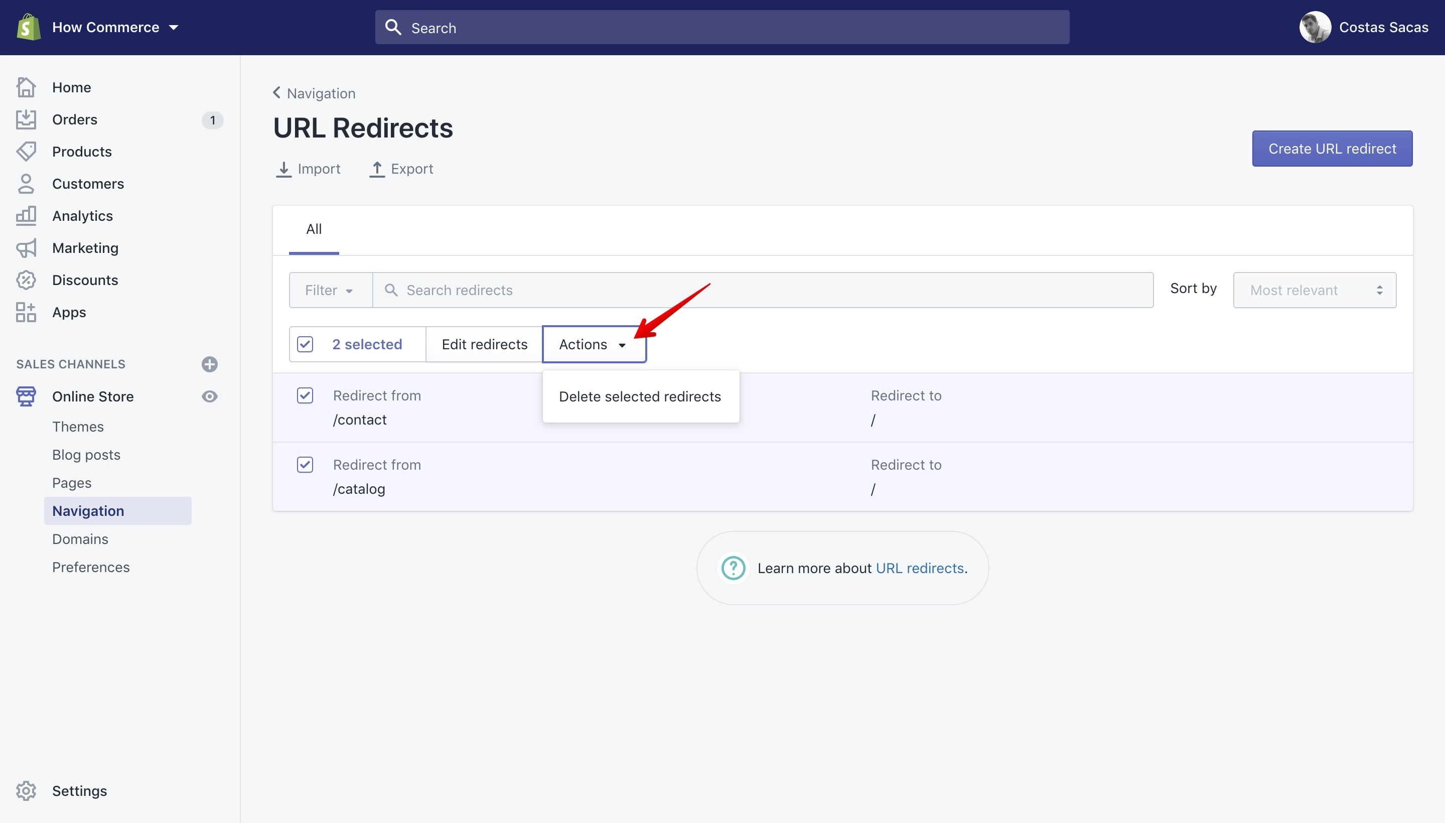 Bulk actions available on the URL Redirects section.