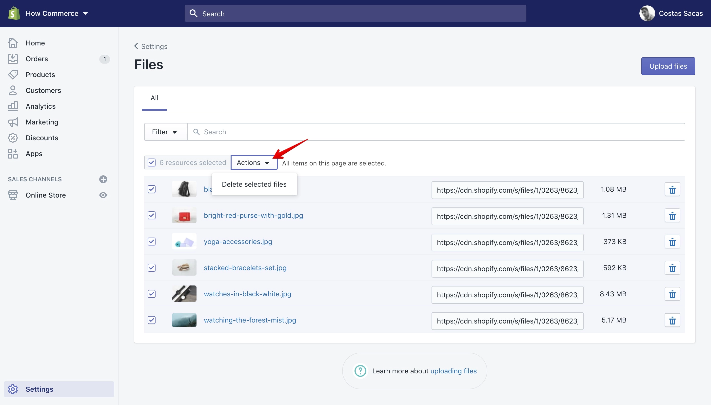 Bulk actions available on the Files section.