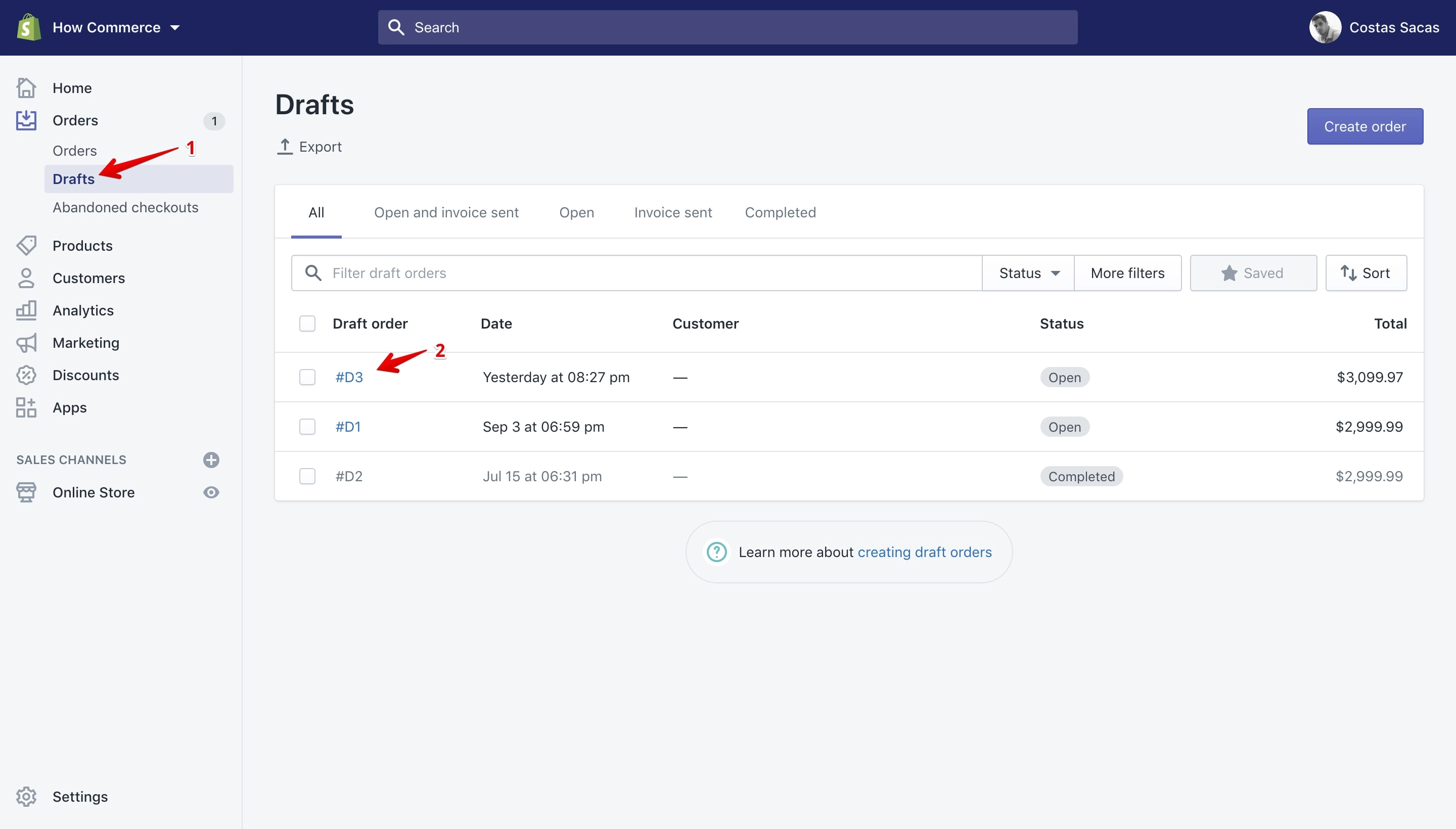 Draft orders listing page path.