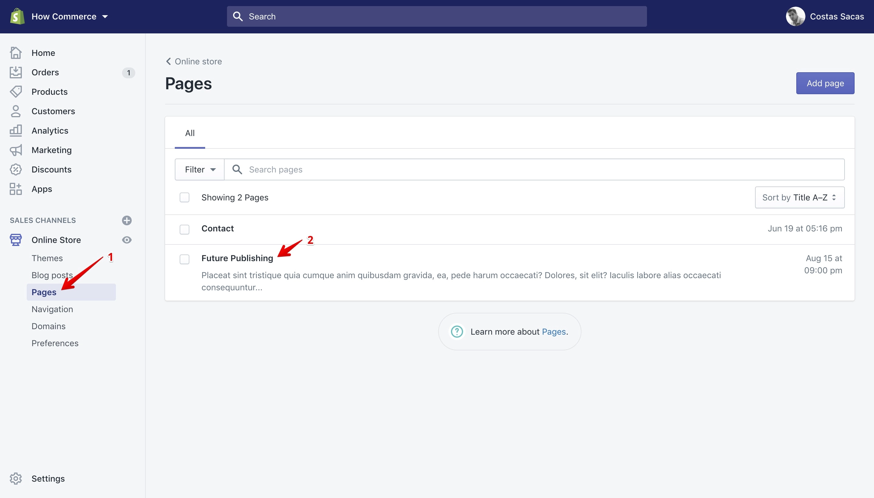 Pages listing page path.