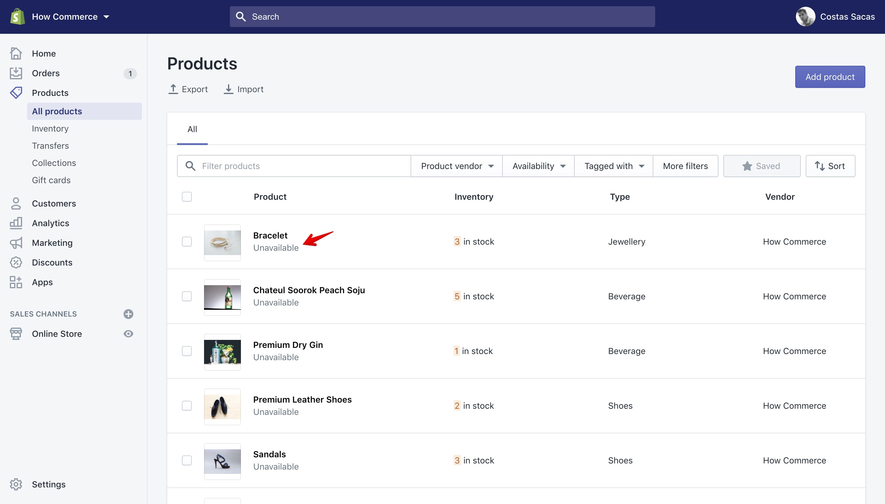 Products made unavailable inside the shop via Bulk Actions.