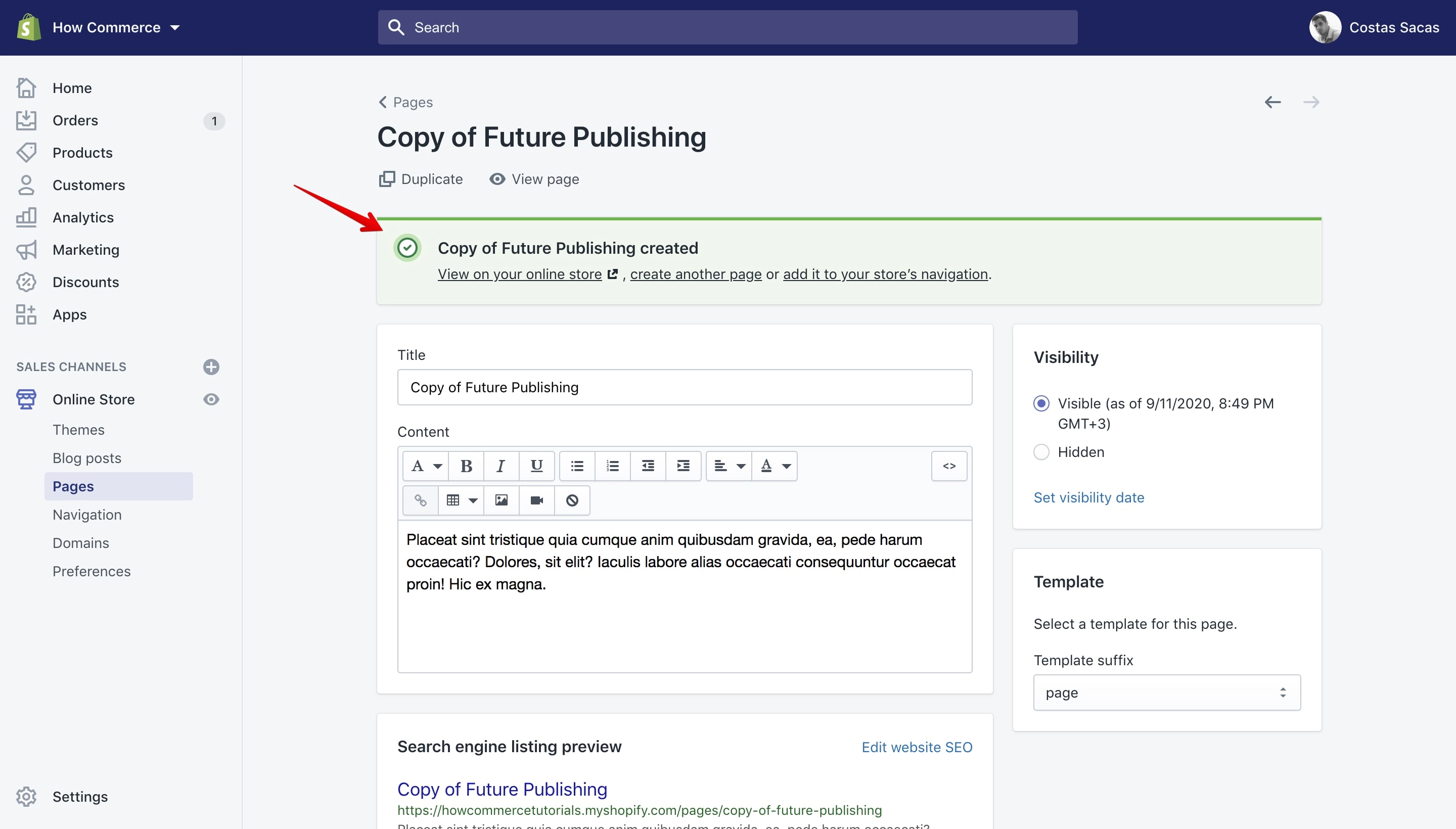 Success message for duplicated page.