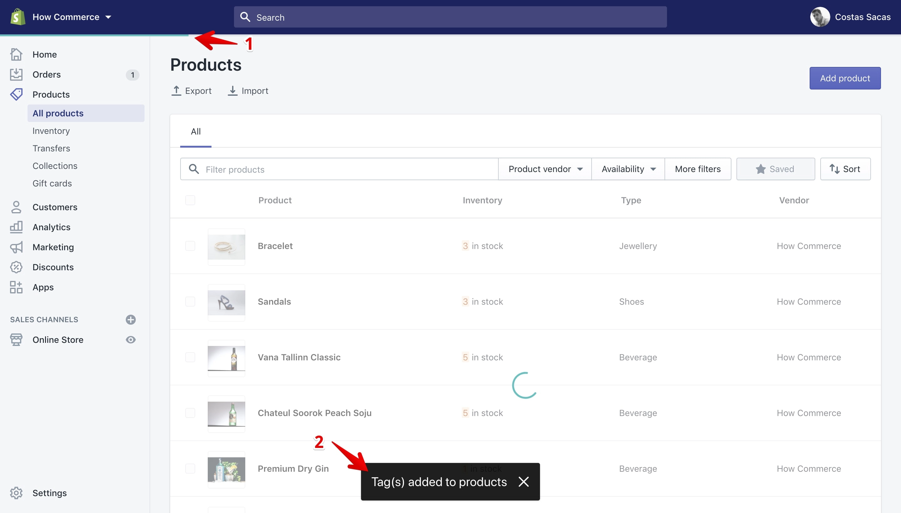 Message notifying that the tags are added to selected products.