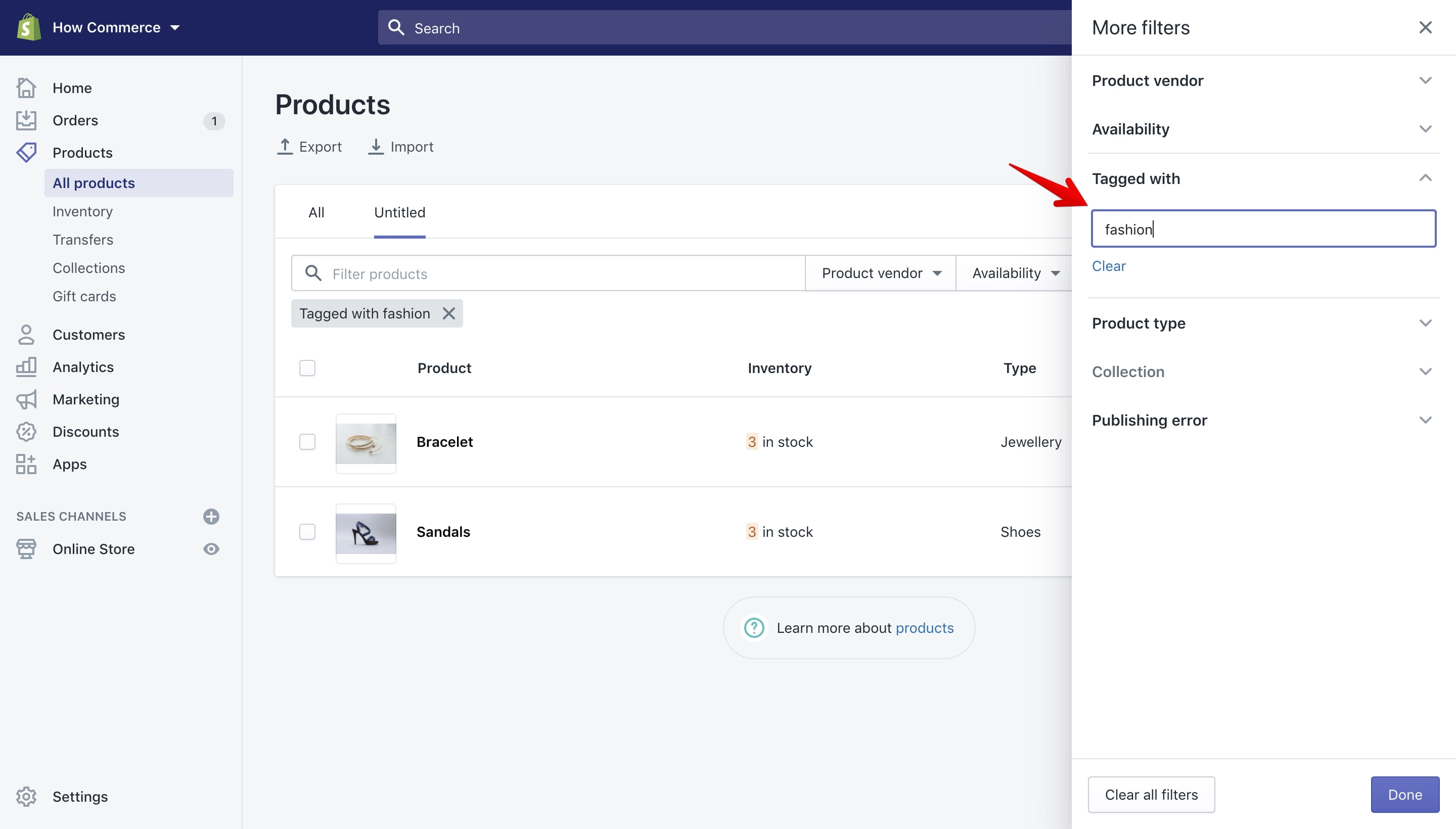 Filter for products with attached tags.
