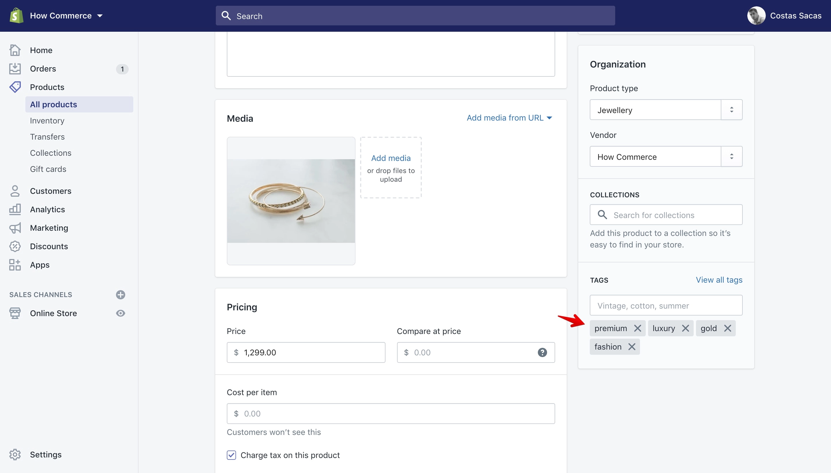 Tags listing on product page.