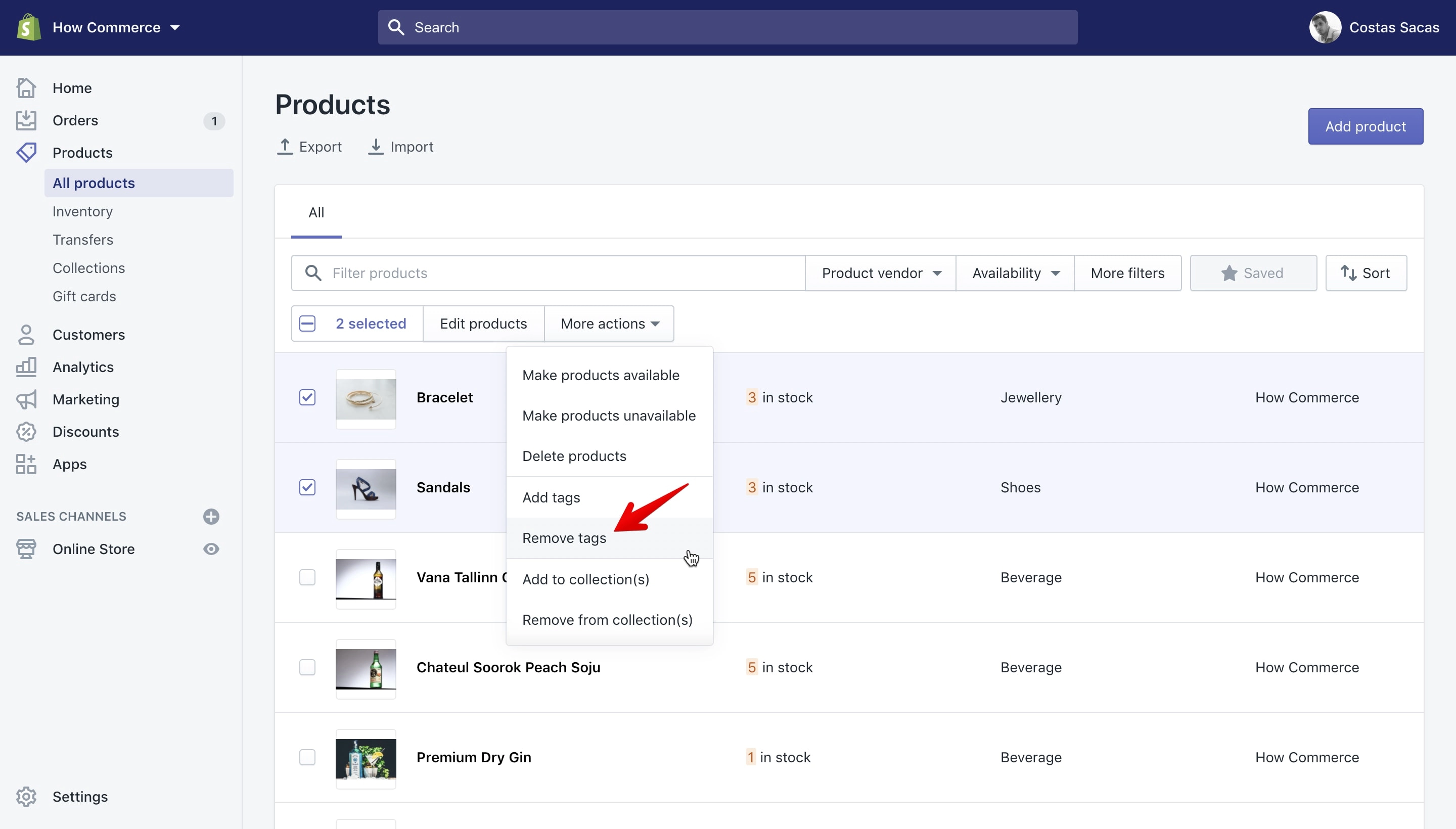 Remove tags from multiple products Bulk Action.