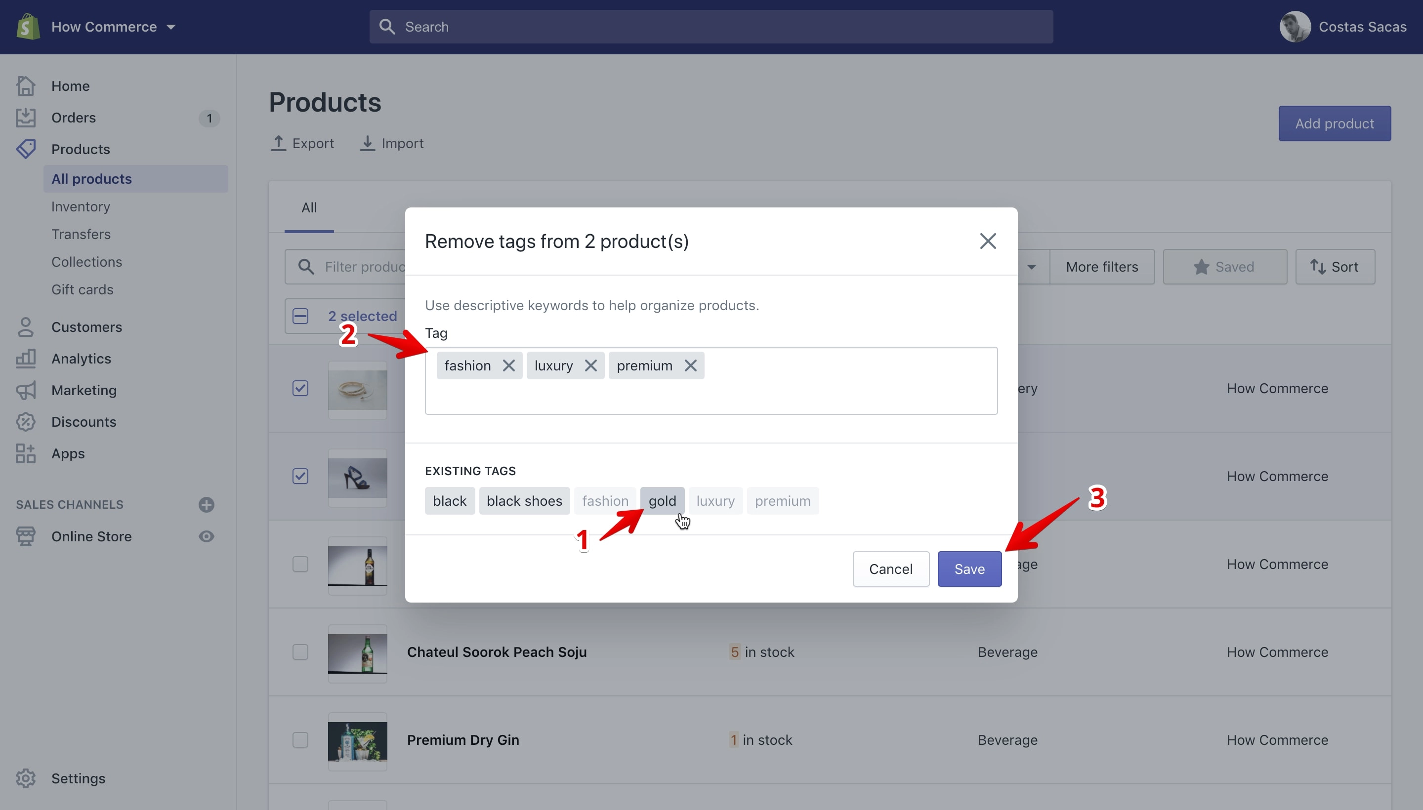 Tags selection for removal on the products page.