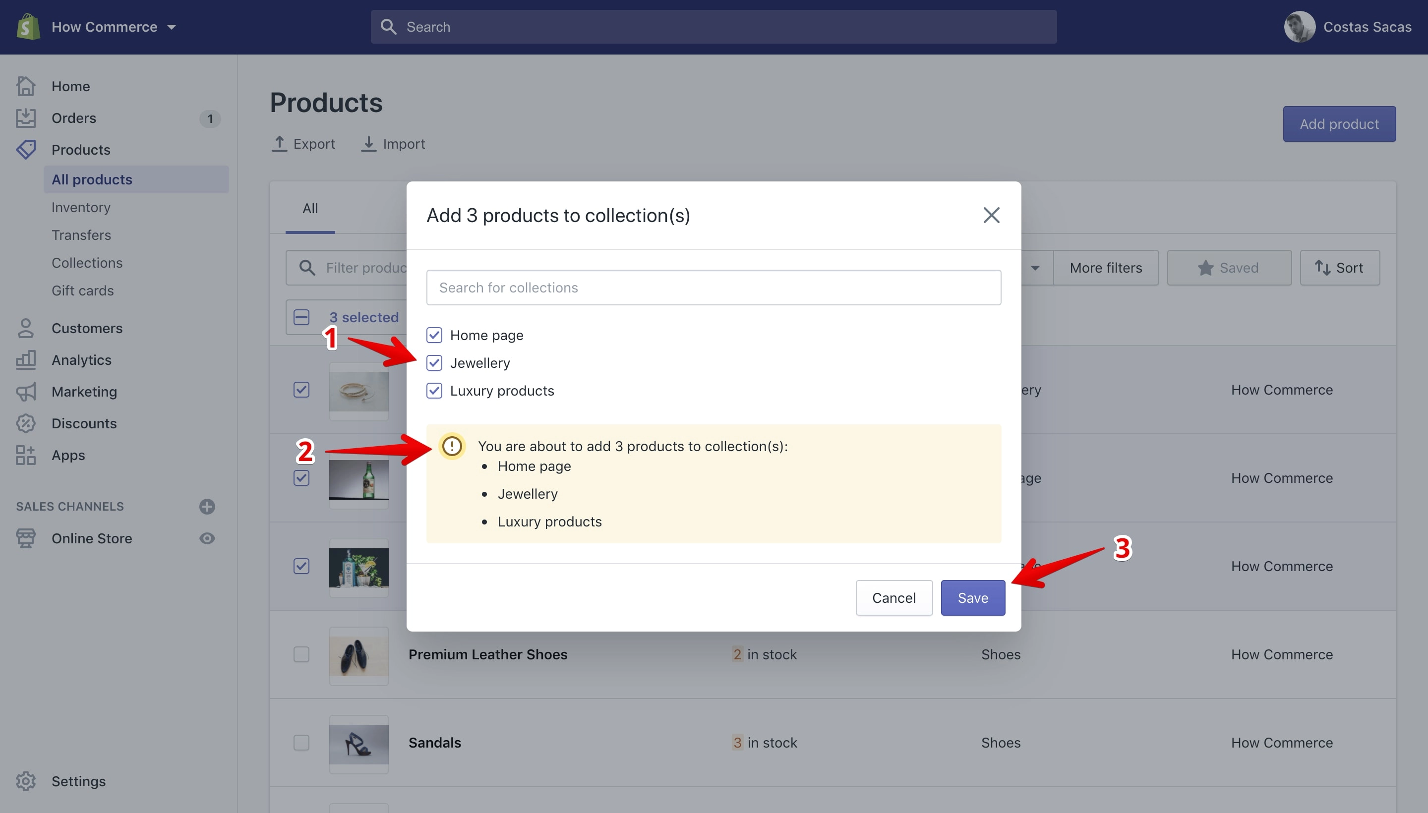 Collections selection for performing a bulk action.