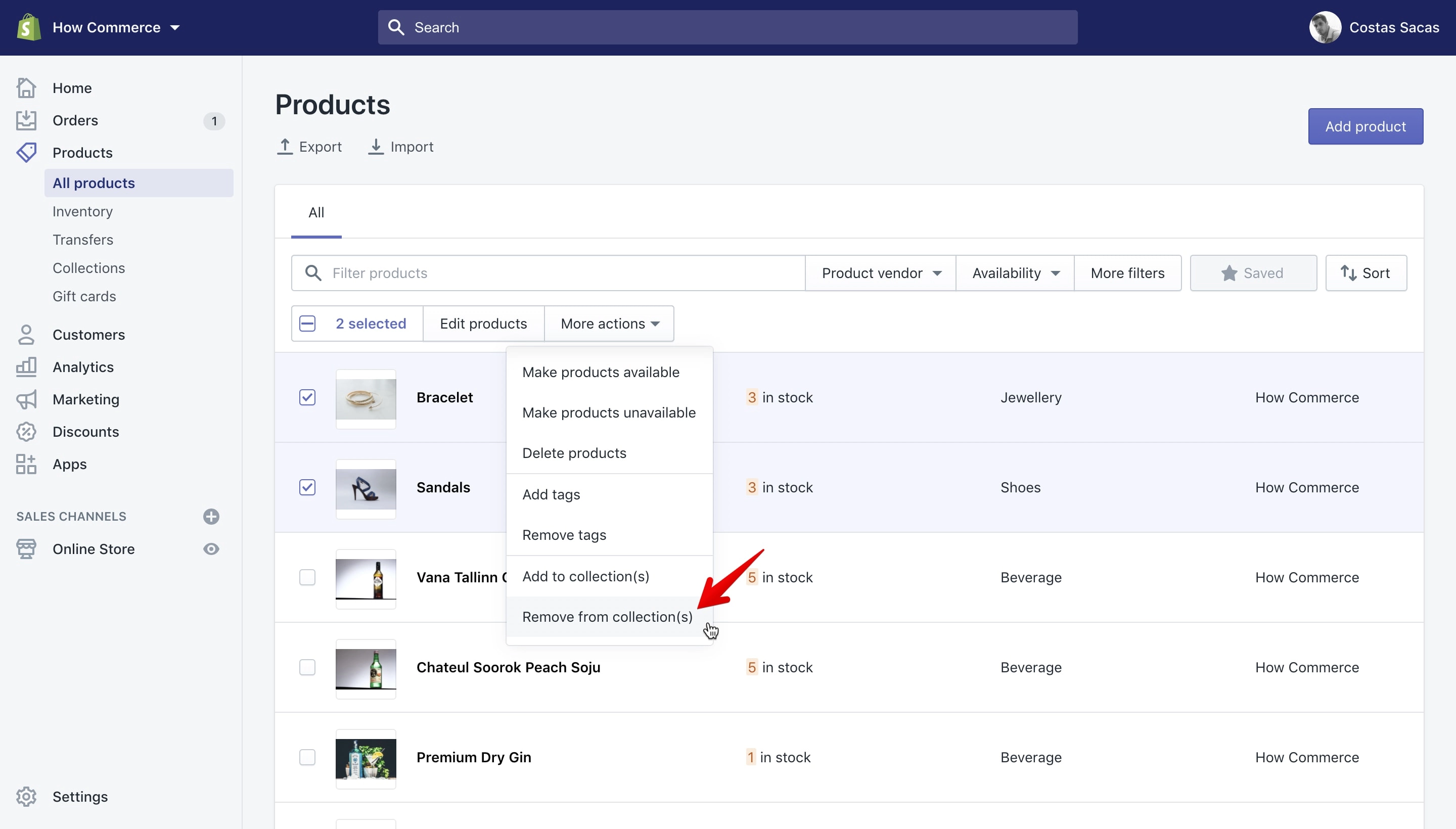 Remove multiple products from one or multiple collections.