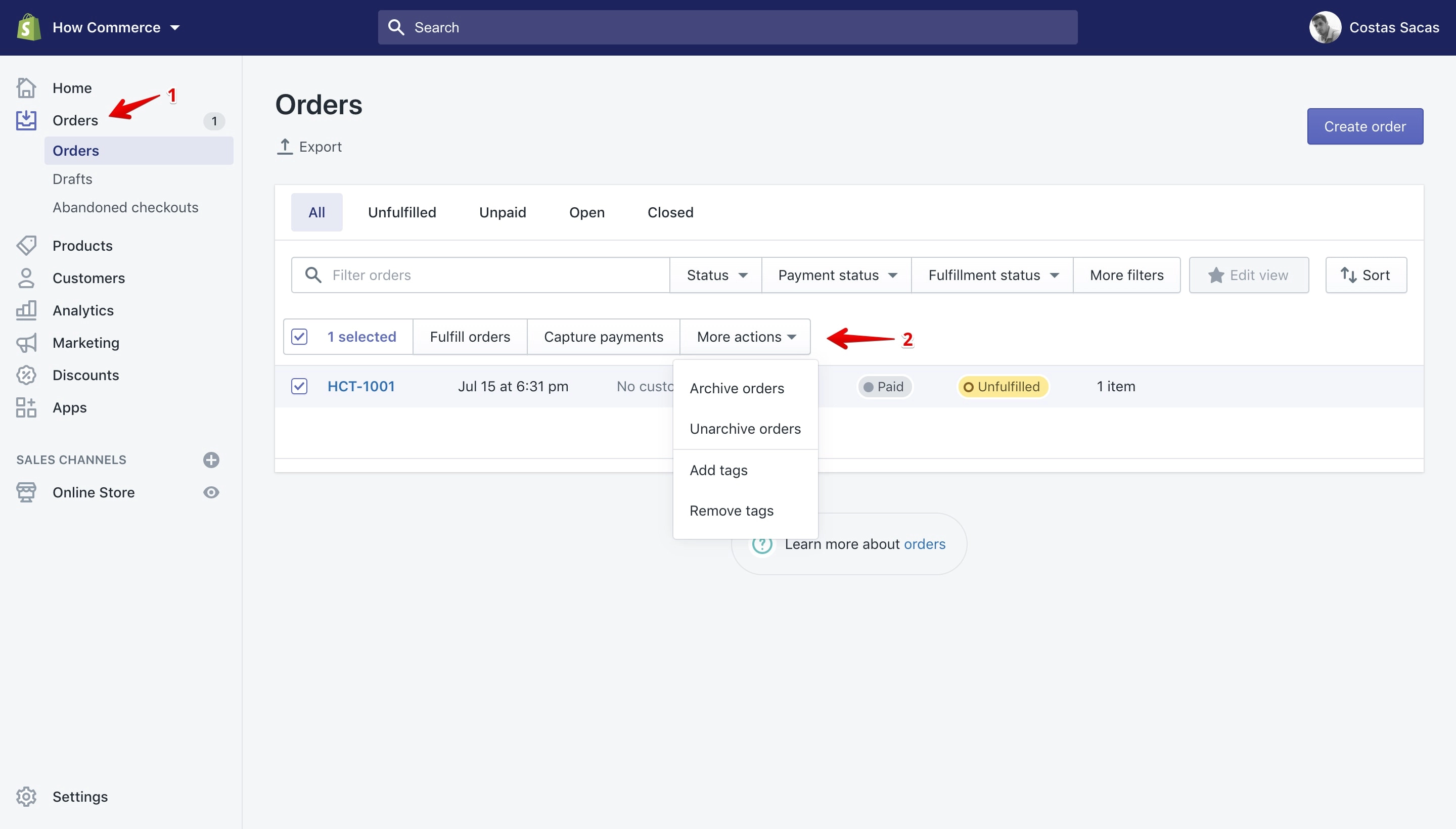 Bulk actions available on the Orders page.