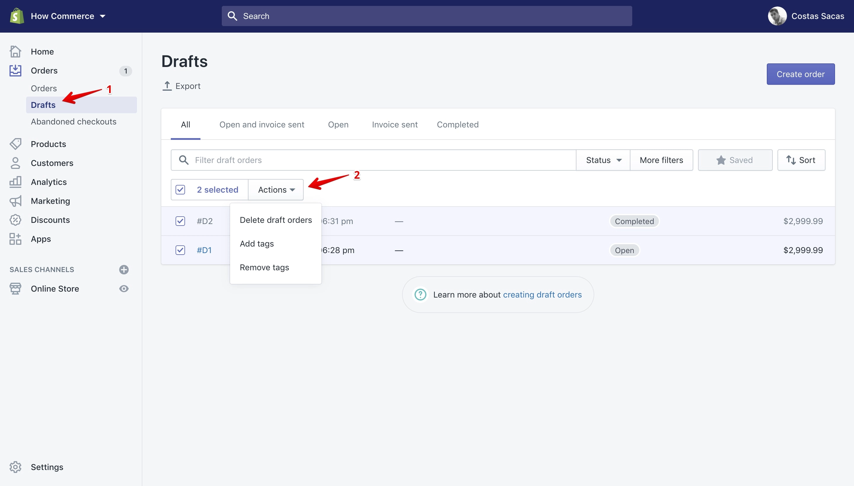 Bulk actions available on the Orders Drafts page.