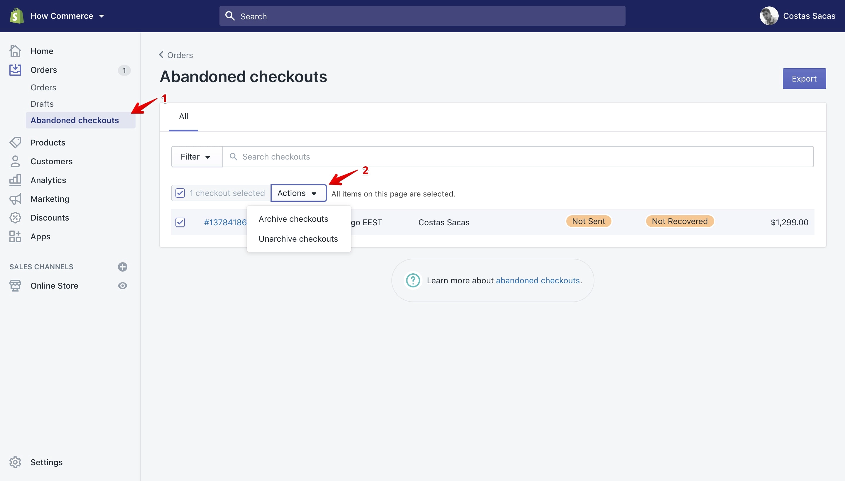 Bulk actions available on the Orders Abandoned checkouts page.