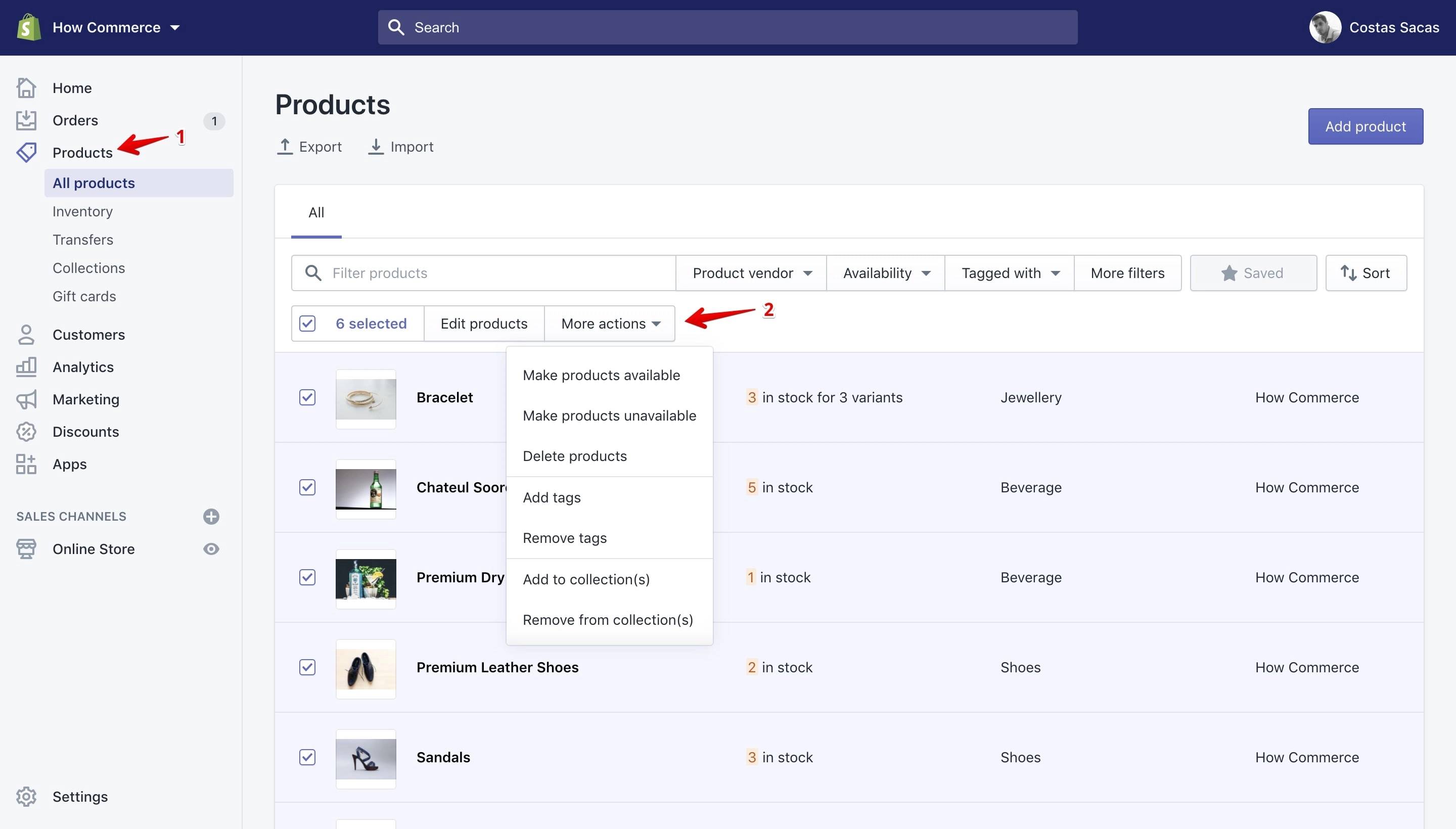 Bulk actions available on the Products page.