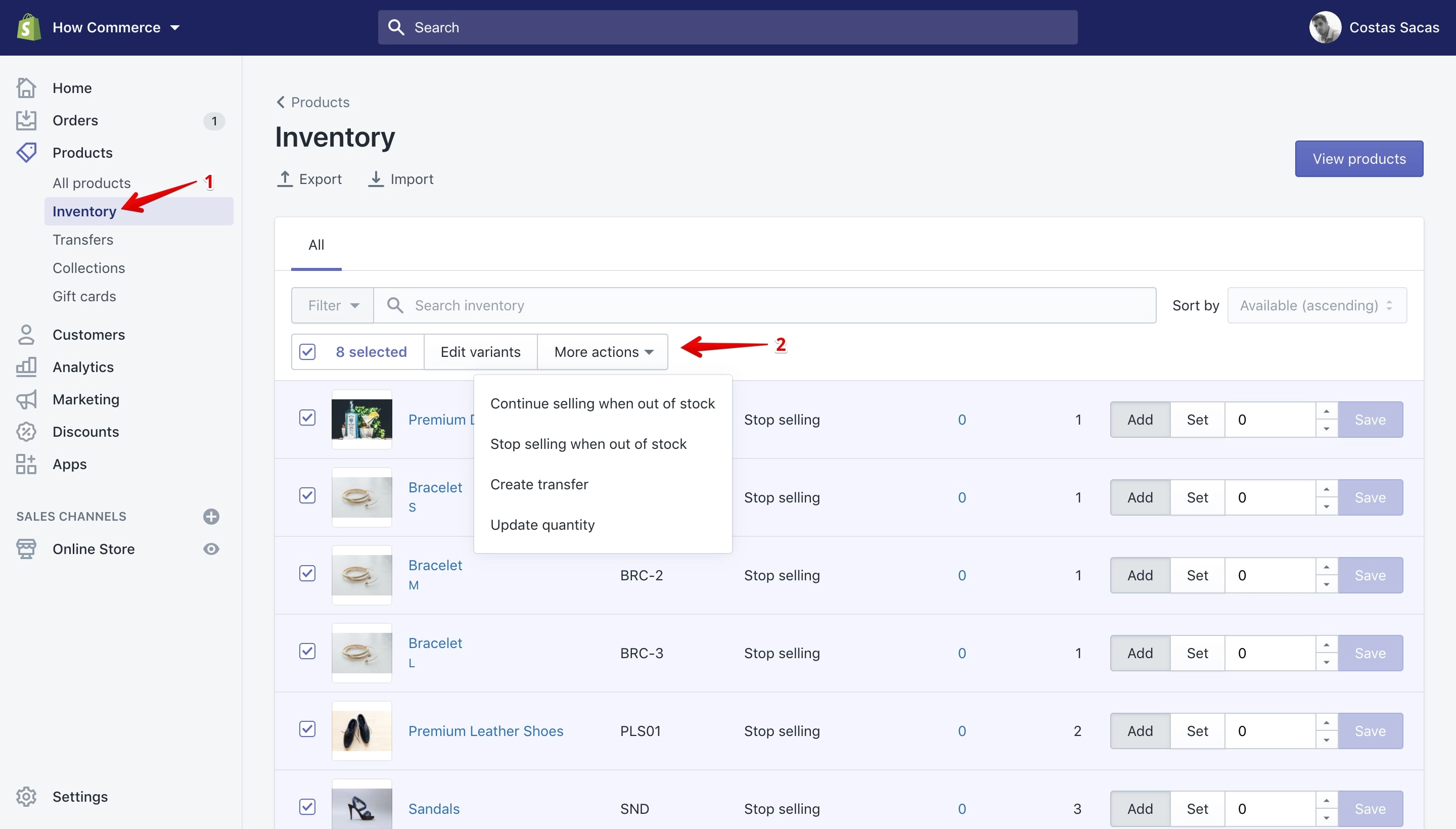 Bulk actions available on the Products Inventory page.