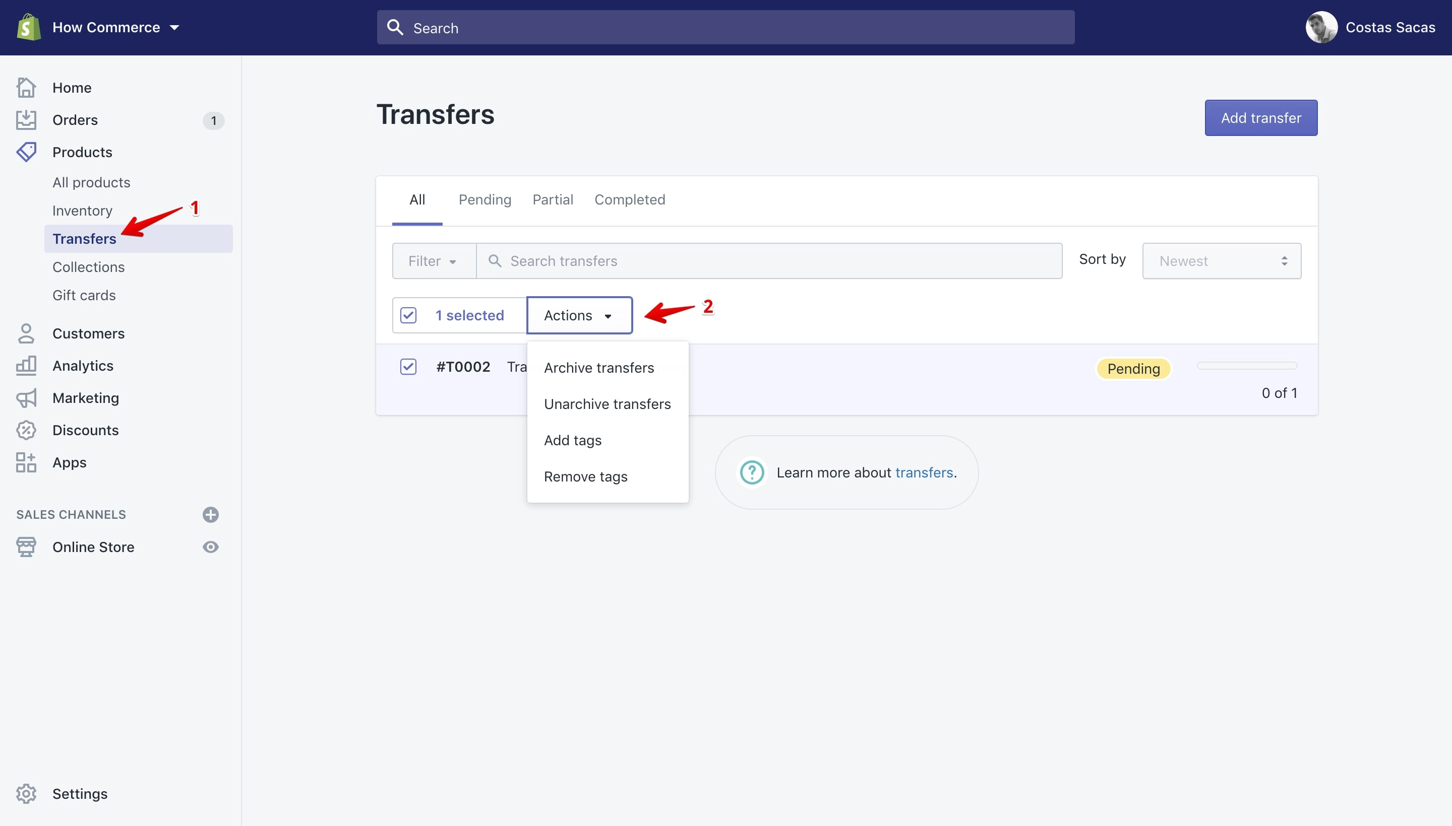 Bulk actions available on the Products Transfers page.