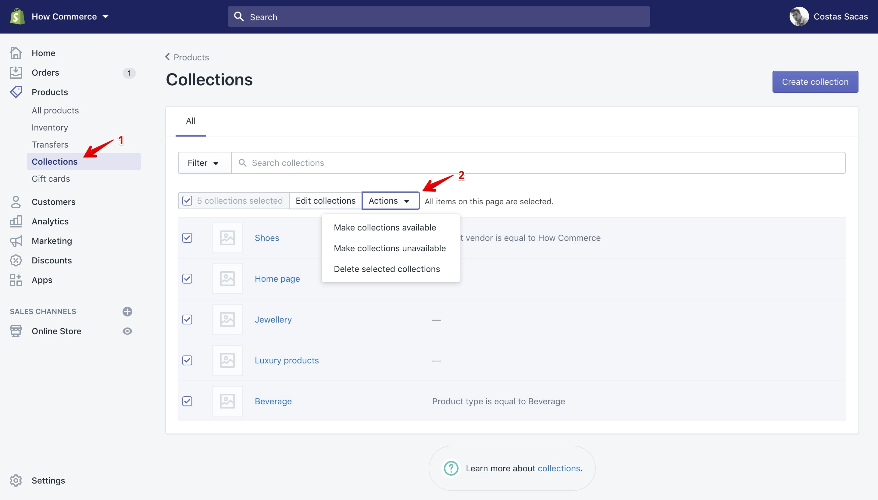 Bulk actions available on the Products Collections page.