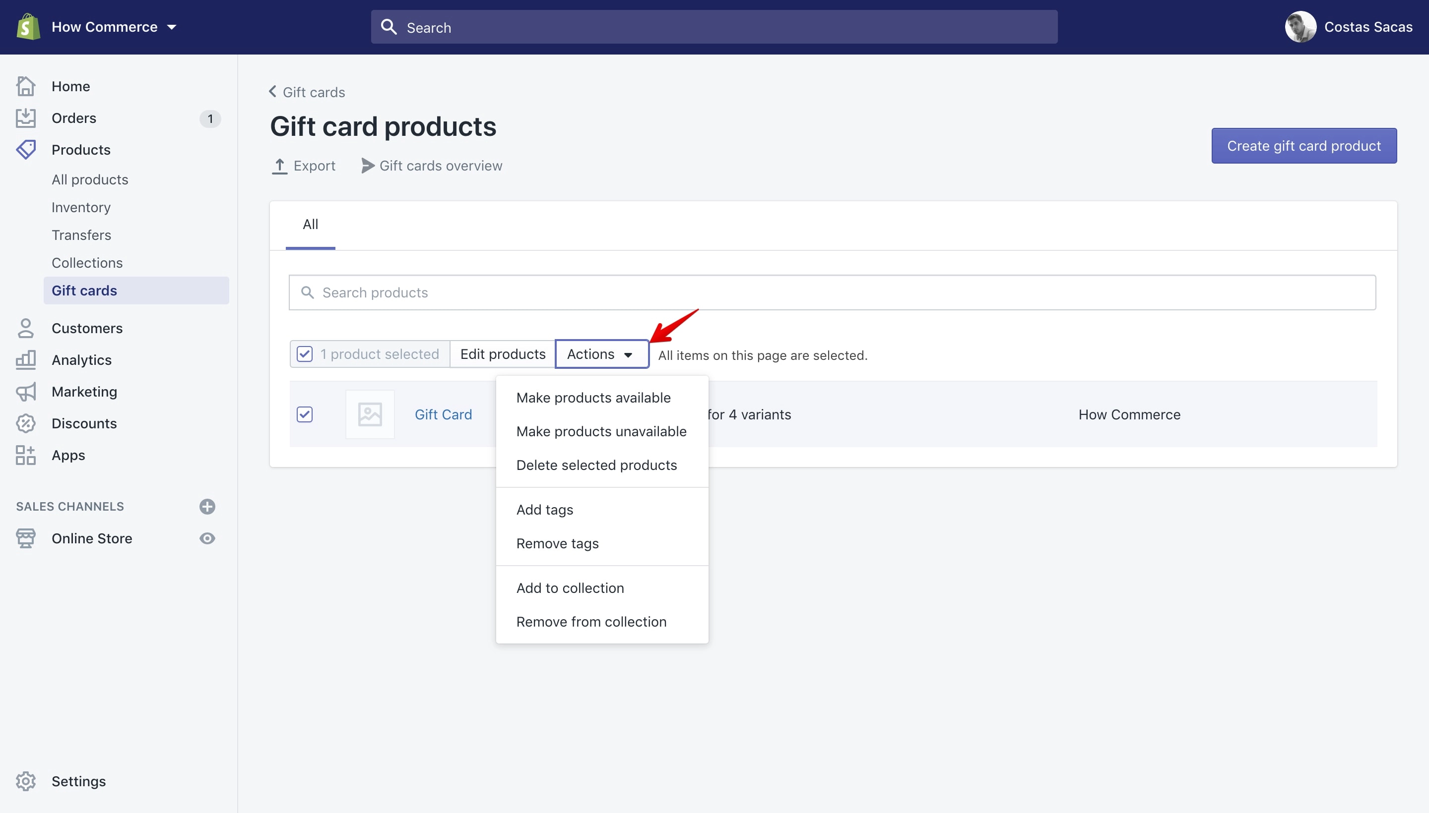 Bulk actions available on the Gift card products page.