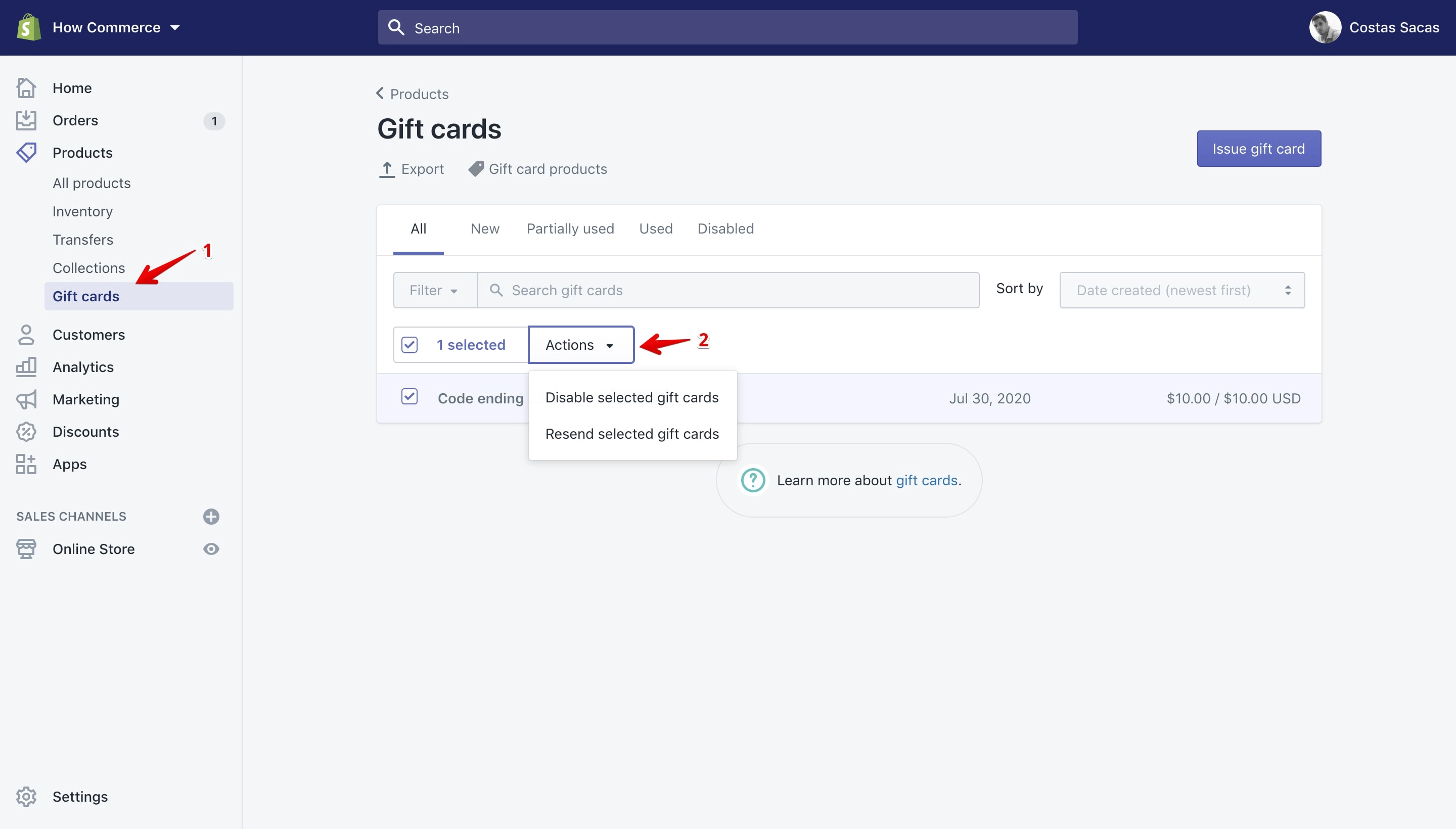 Bulk actions available on the Issued gift cards page.