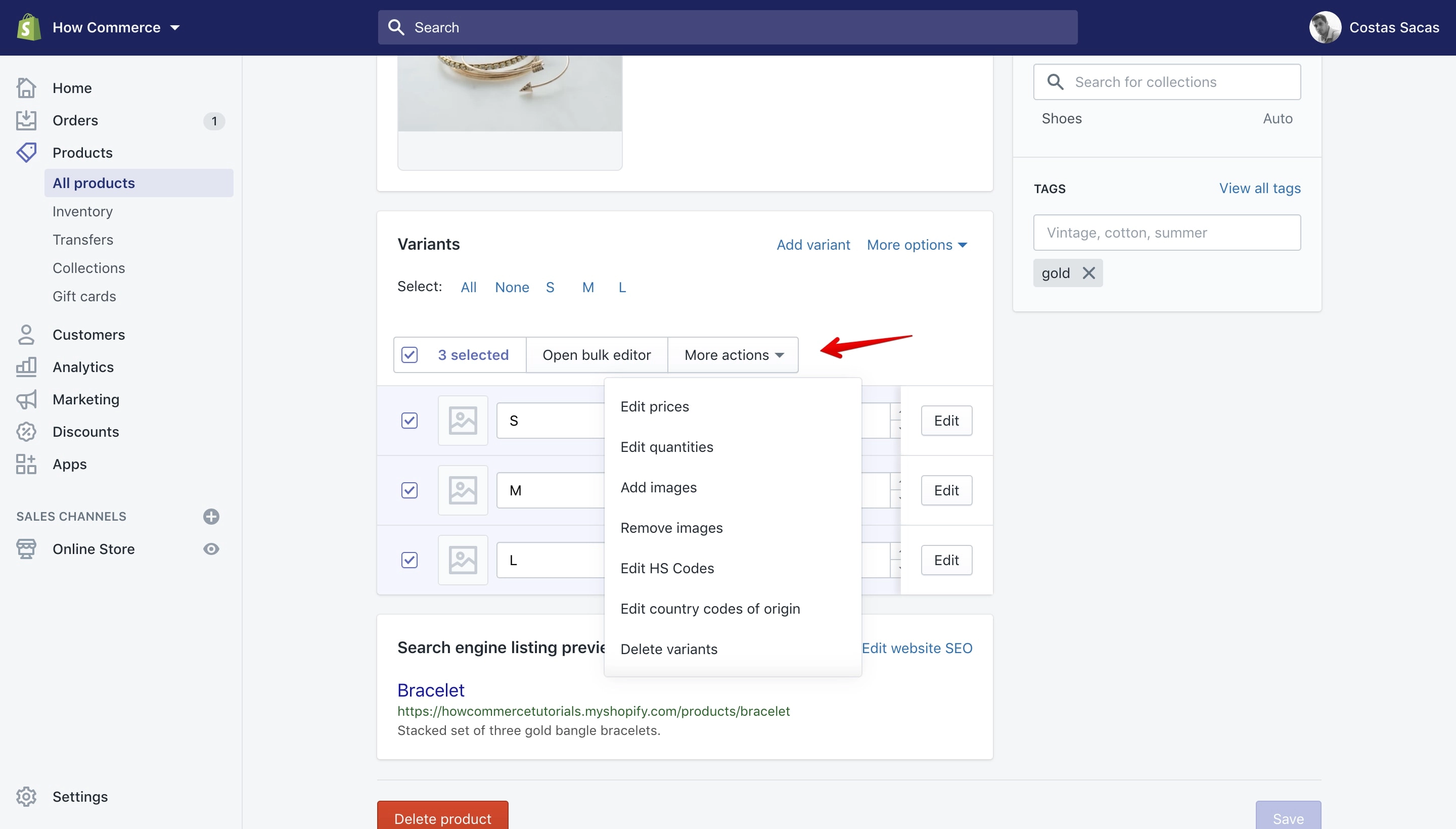 Bulk actions available on the Products variants section.