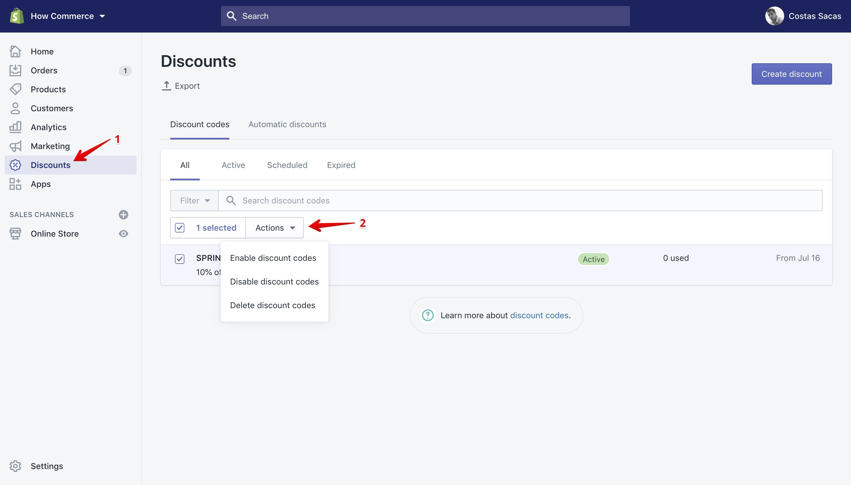 Bulk actions available on the Discount section.