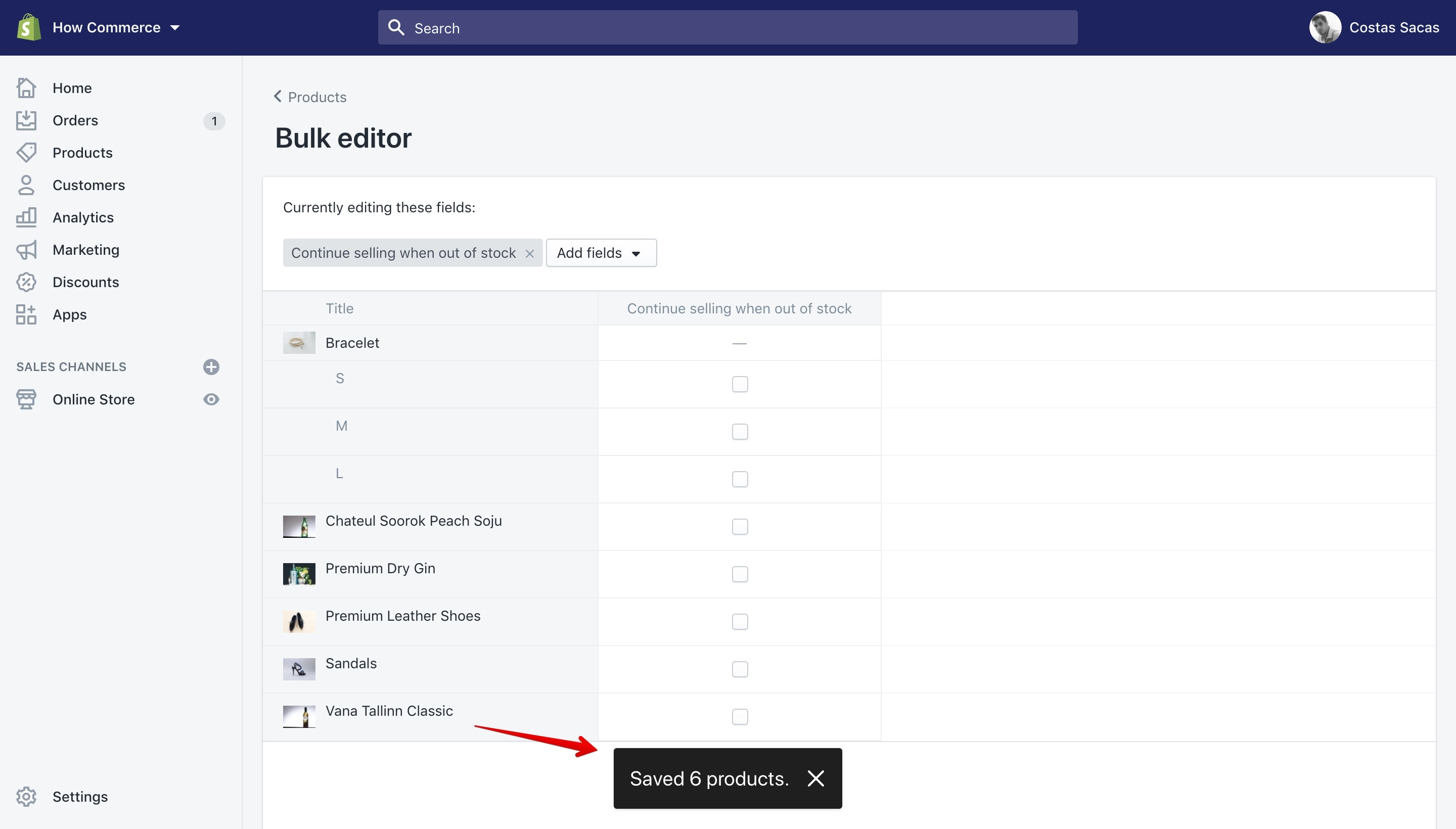 Saved products message inside the Bulk editor.
