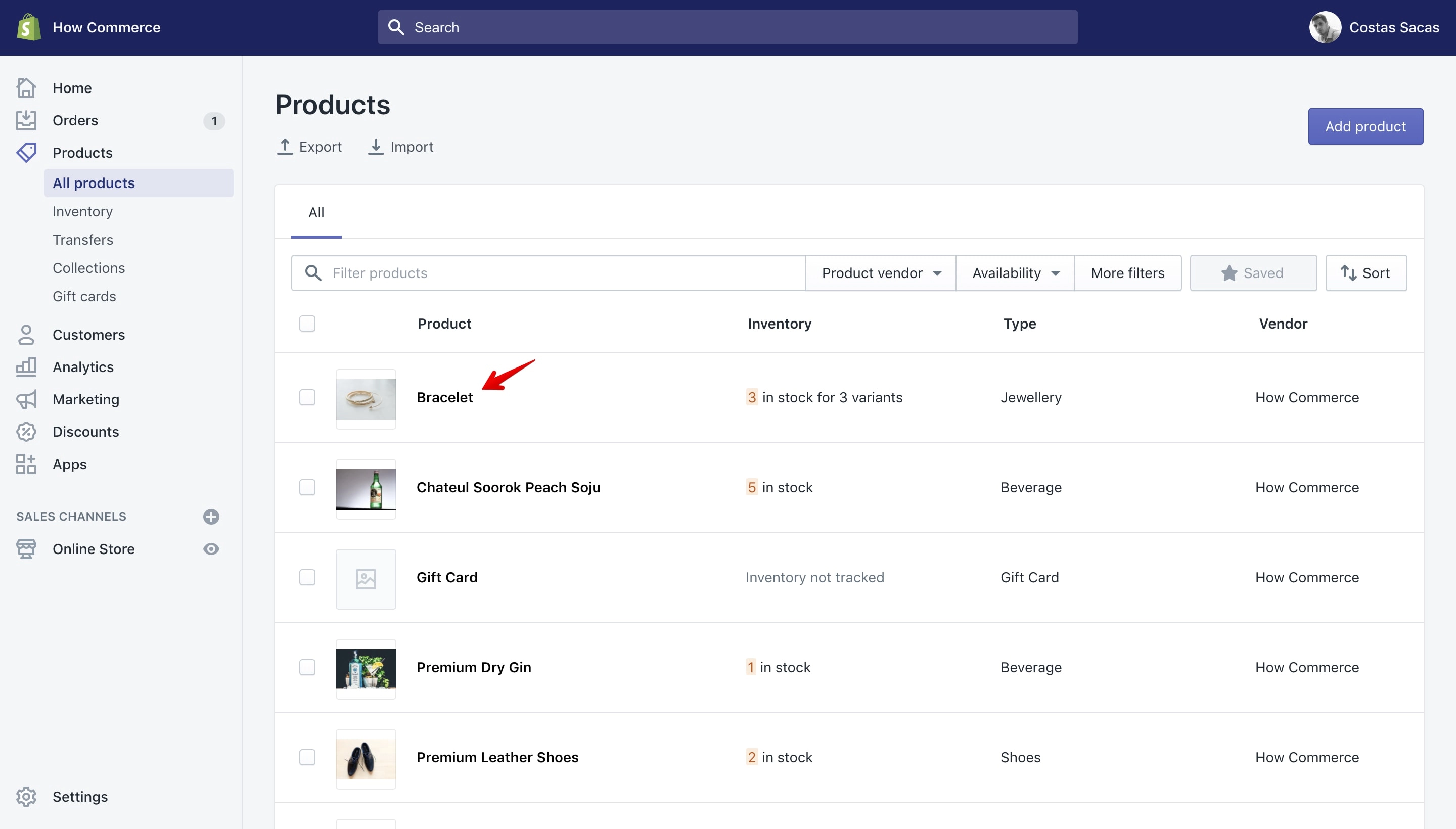 Product selection in Shopify admin.