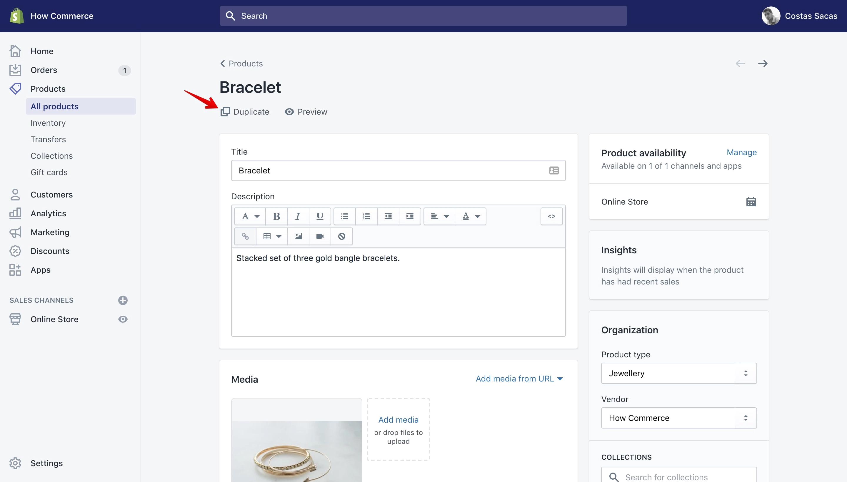 Duplicate function on the product edit page.