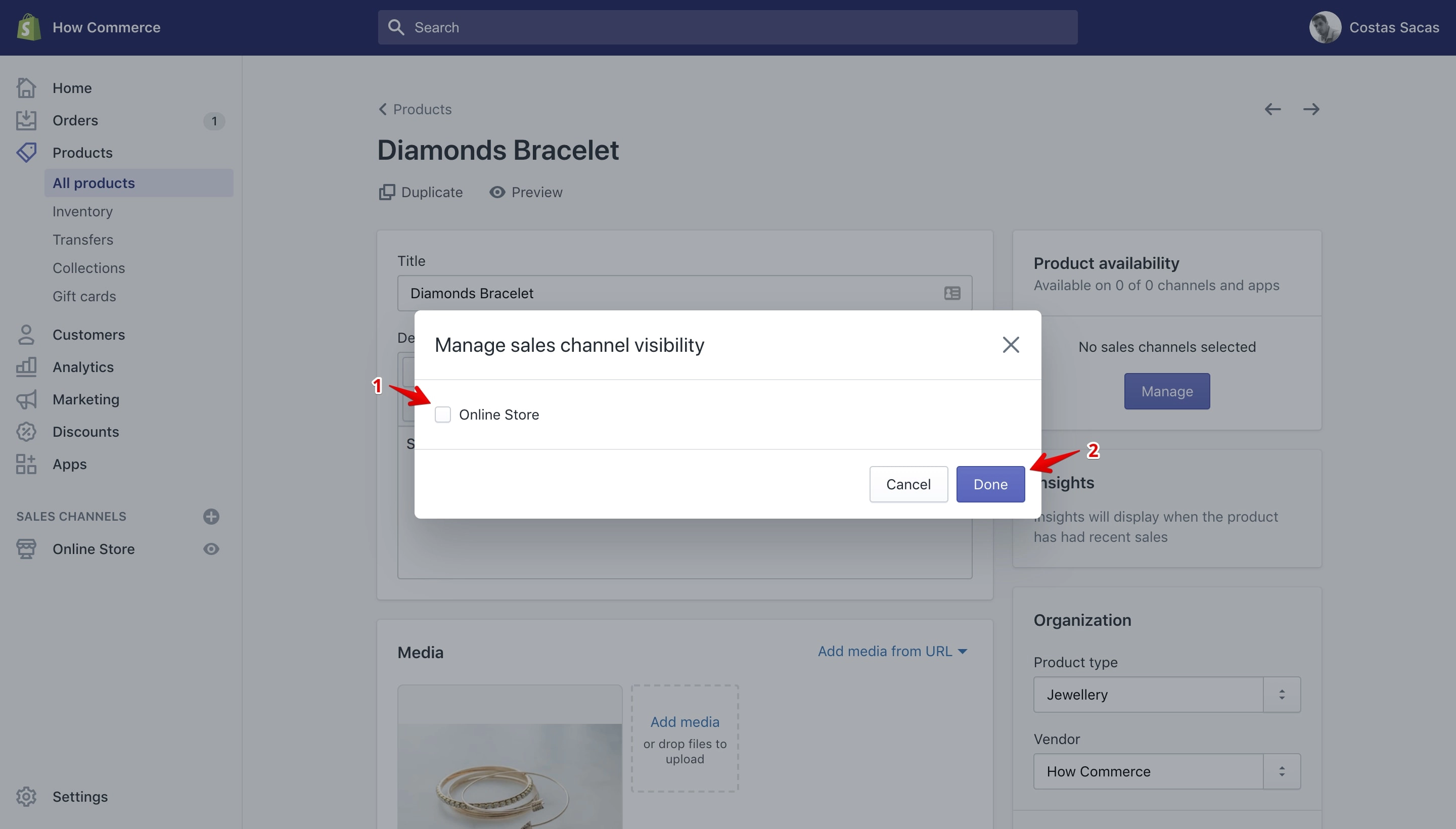 Sales Channes selection on the product page.