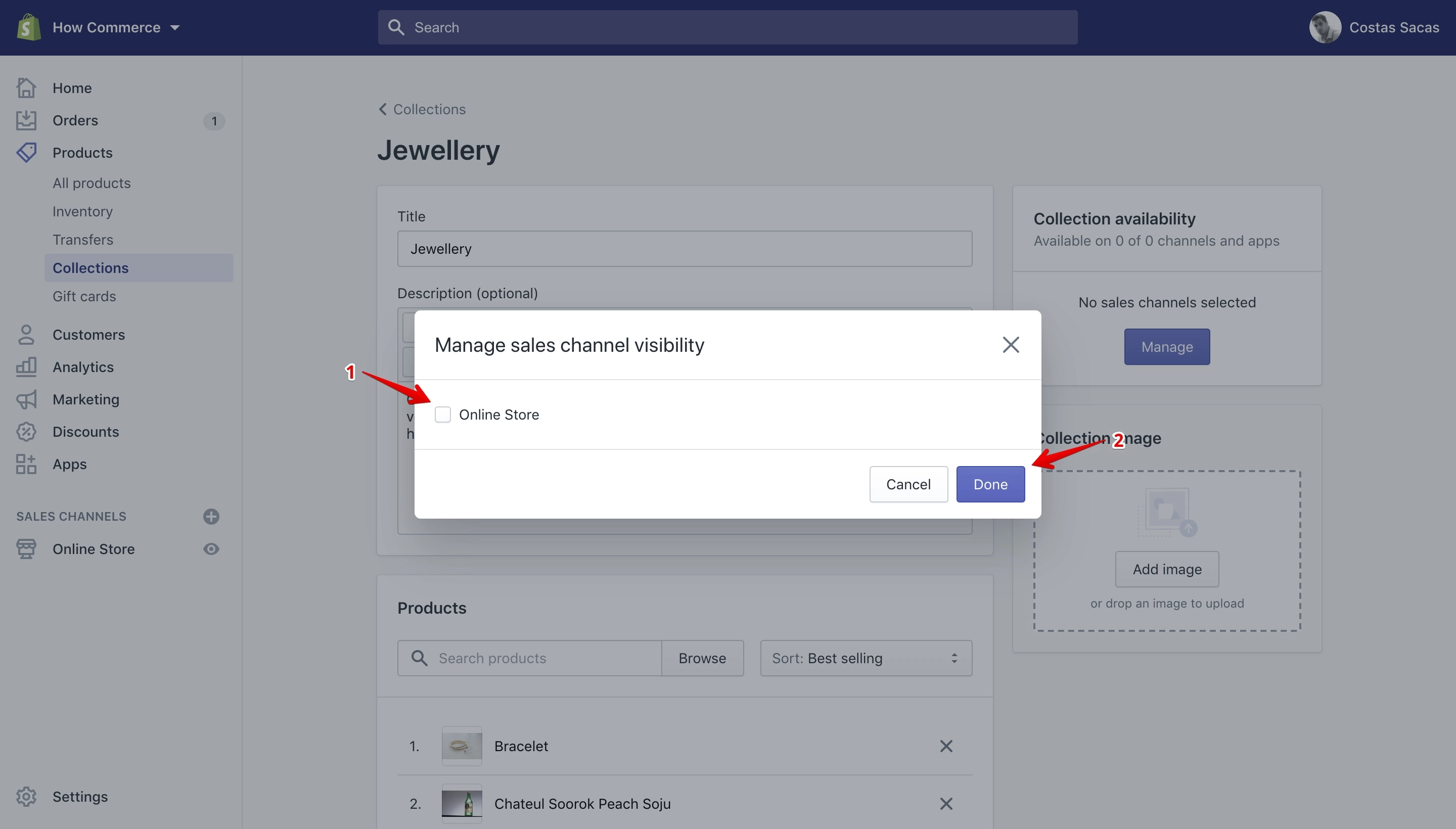 Sales Channels selection on the collection page.