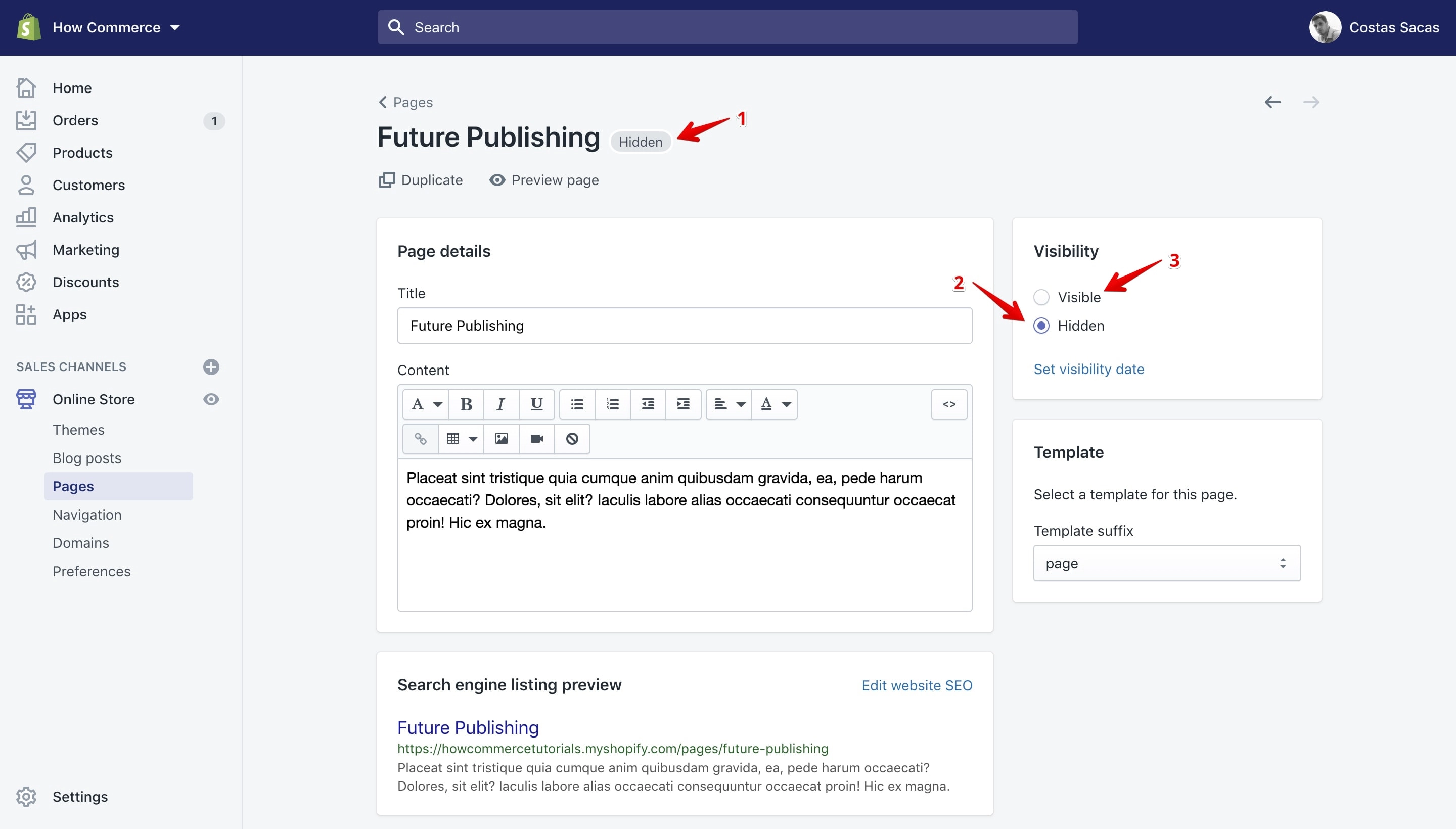 The page Hidden label and the hidden visibility option.