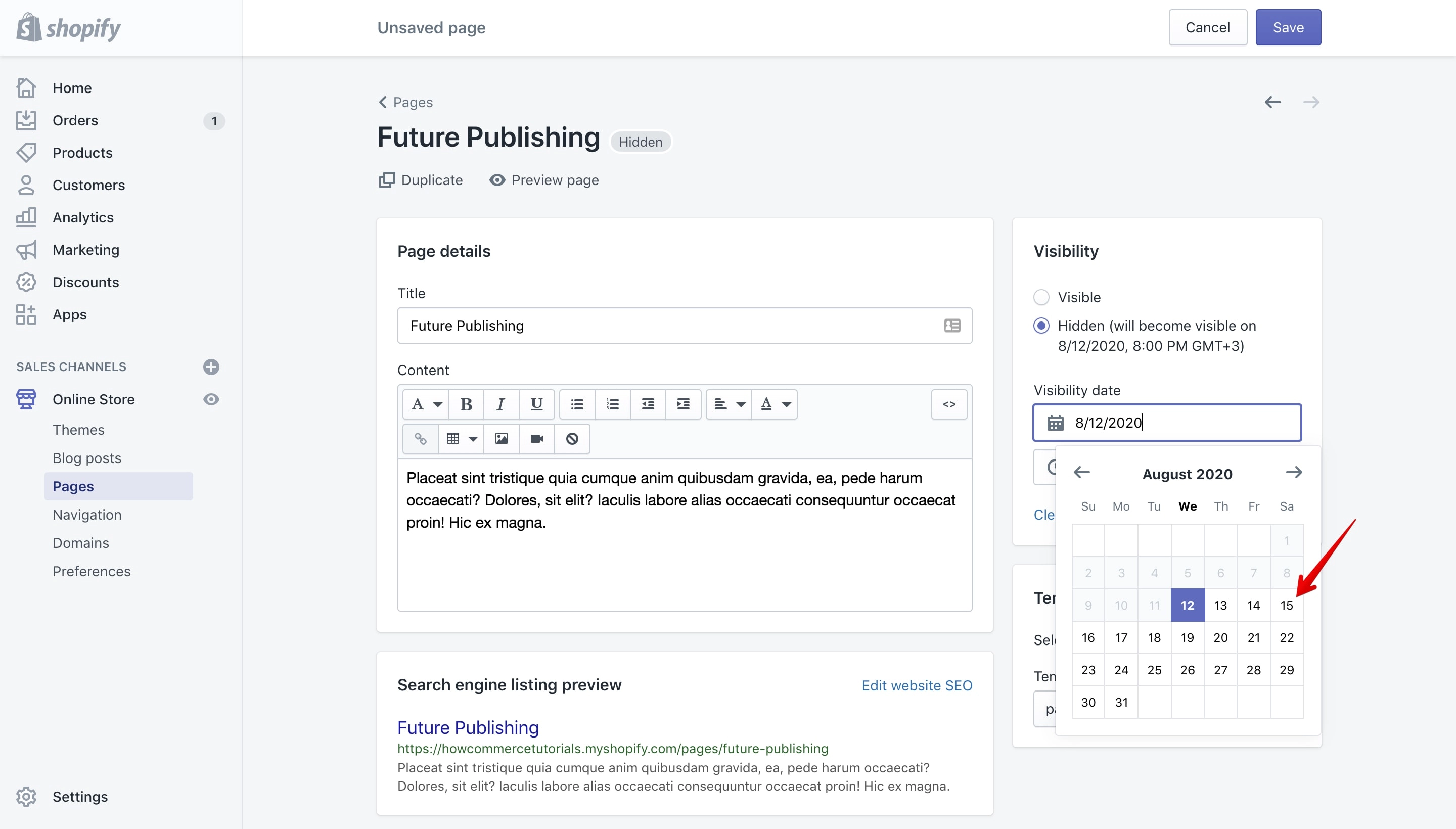 Page future publishing date setup.