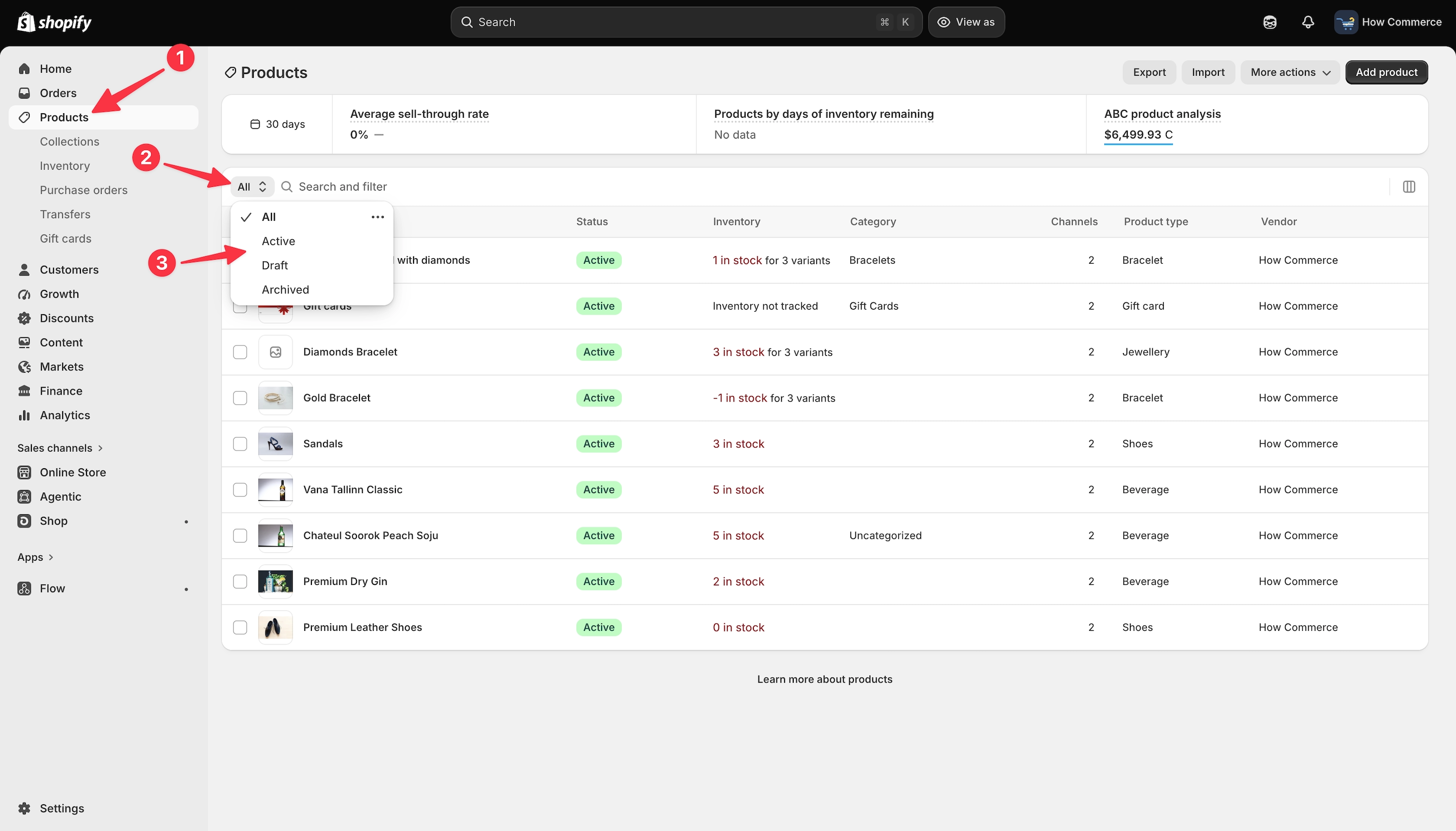 Shopify products listing page displaying available product views.