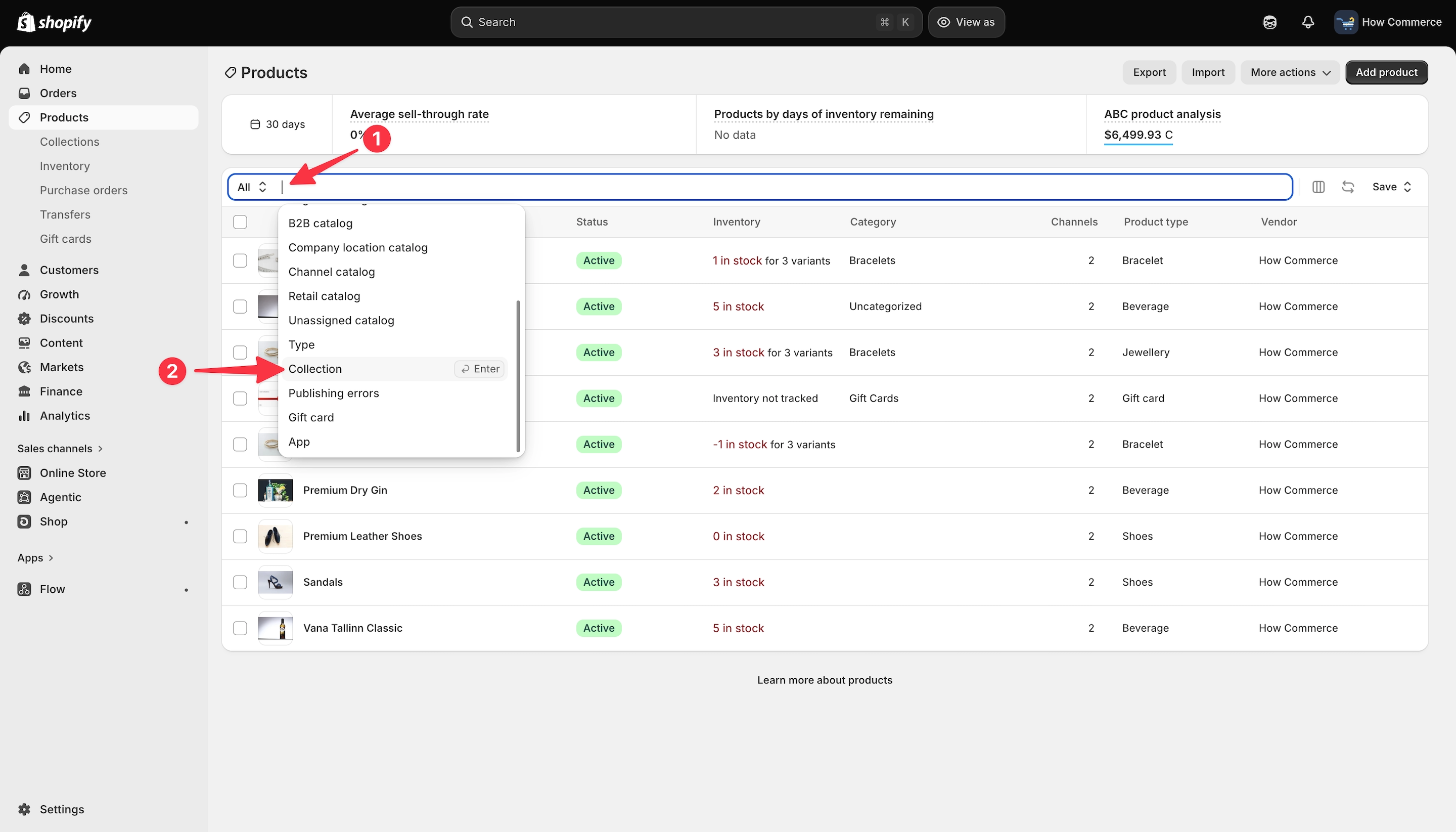 Shopify products listing page: Select the criteria for the product view.
