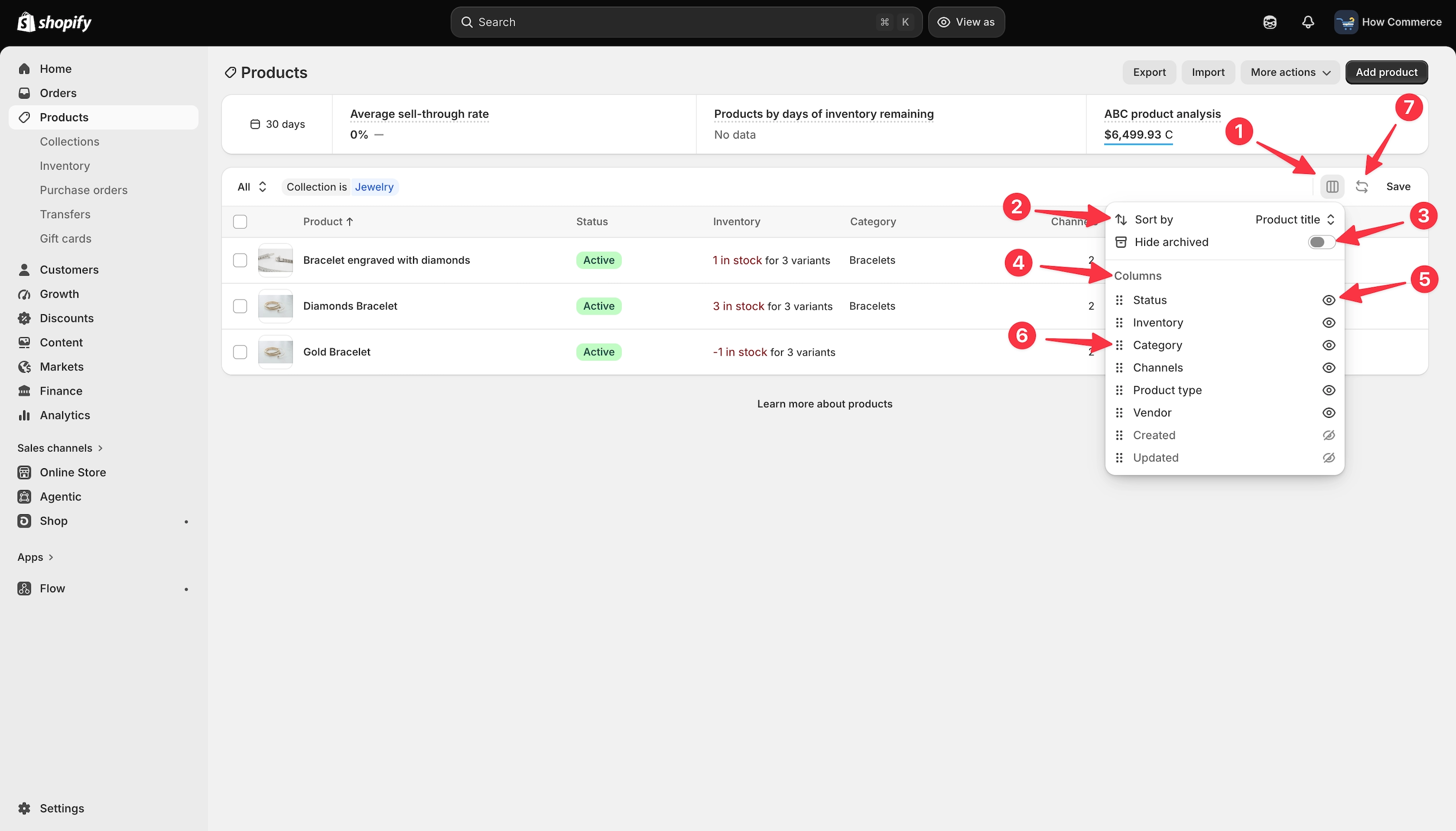 Product view column selection.