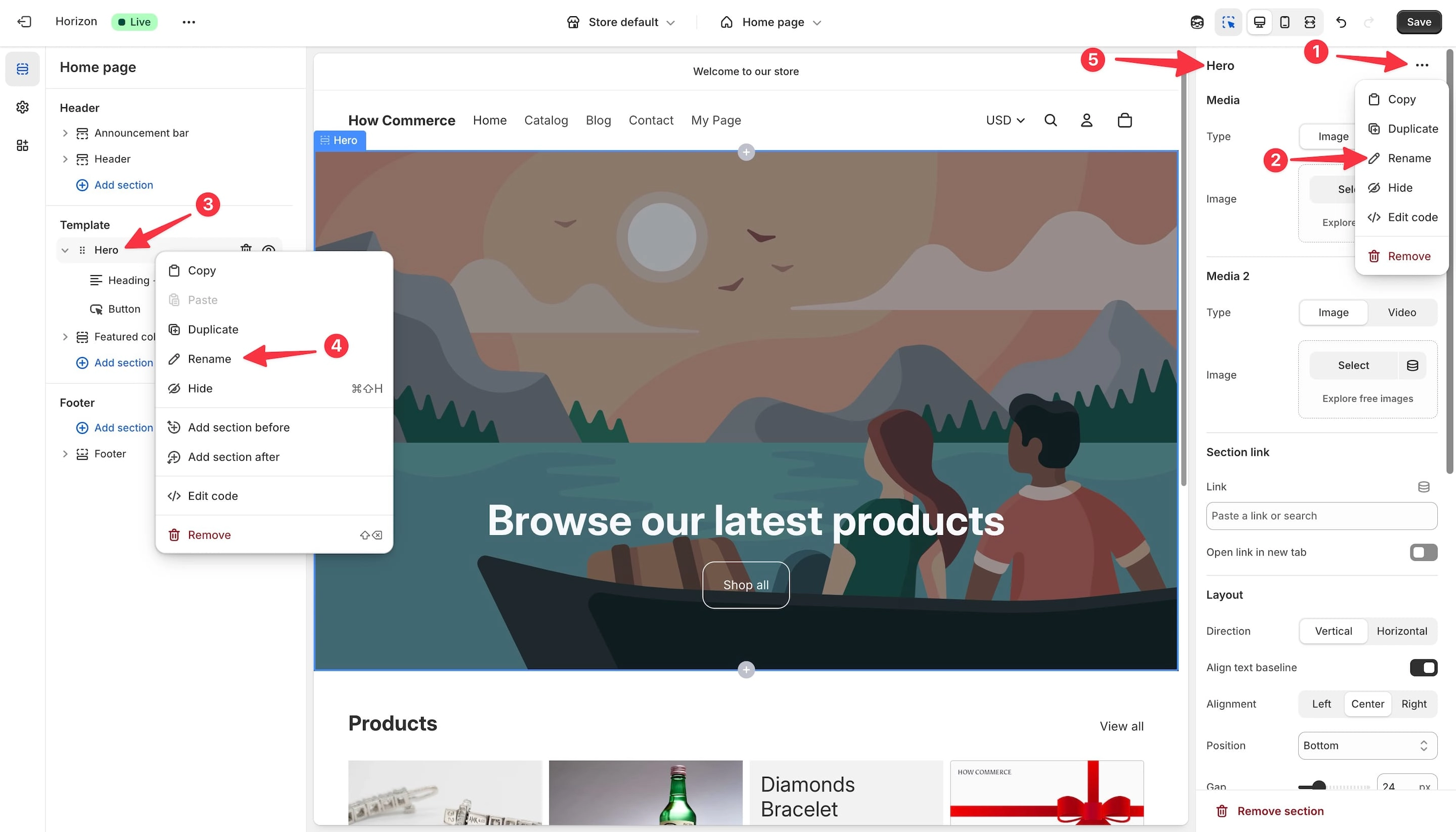 Two additional methods to rename a section in the Shopify theme editor.