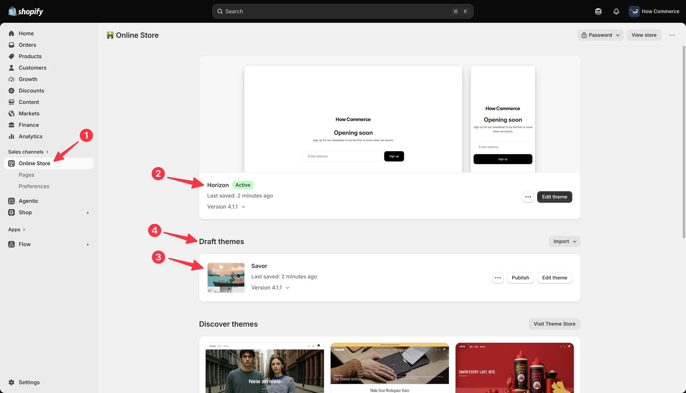 Shopify Online Store page showing themes installed on the store with an active published theme and draft themes