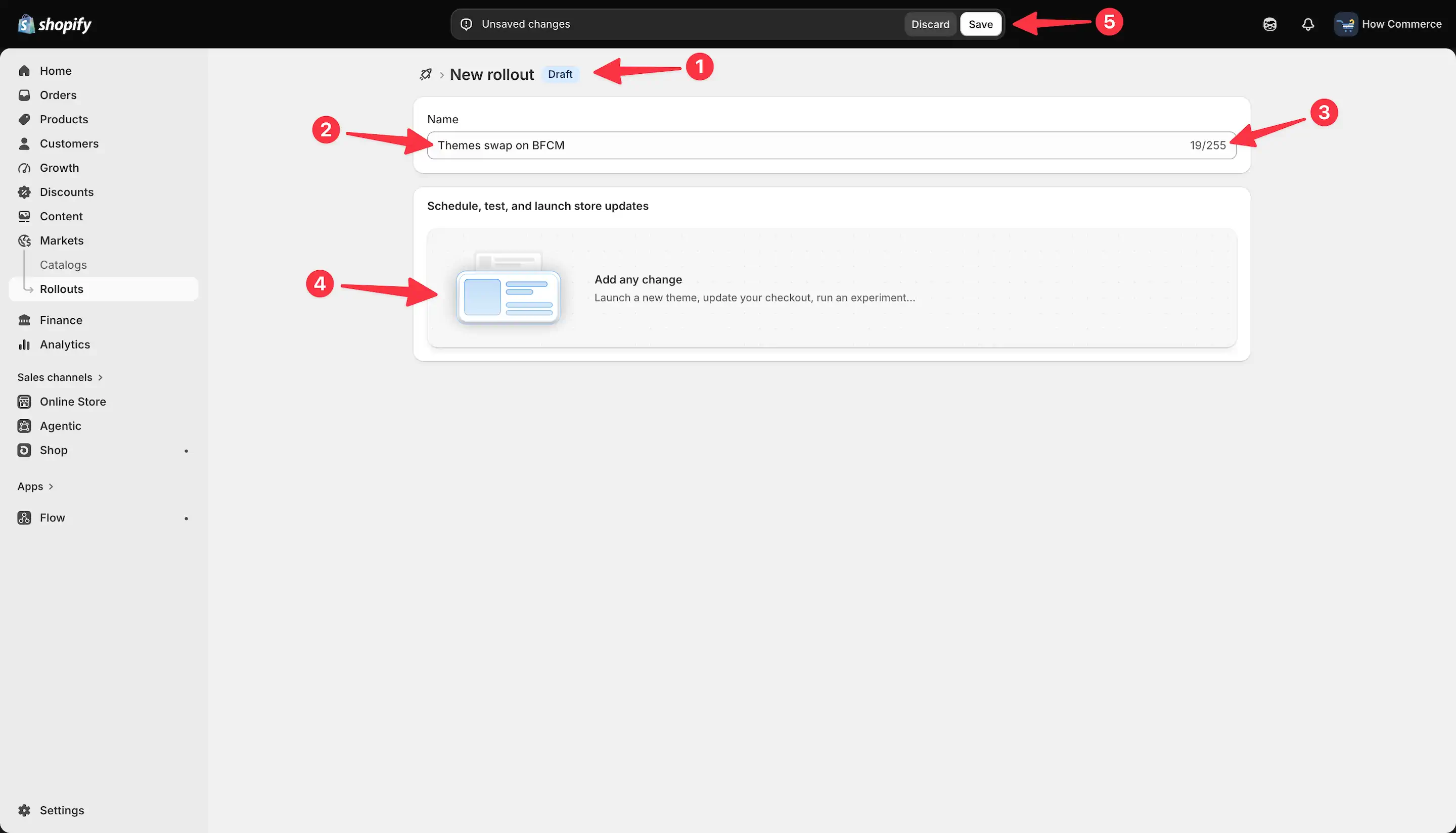 New rollout creation page showing Name field with 'Theme swap for BFCM' and Schedule, test, and launch store updates section