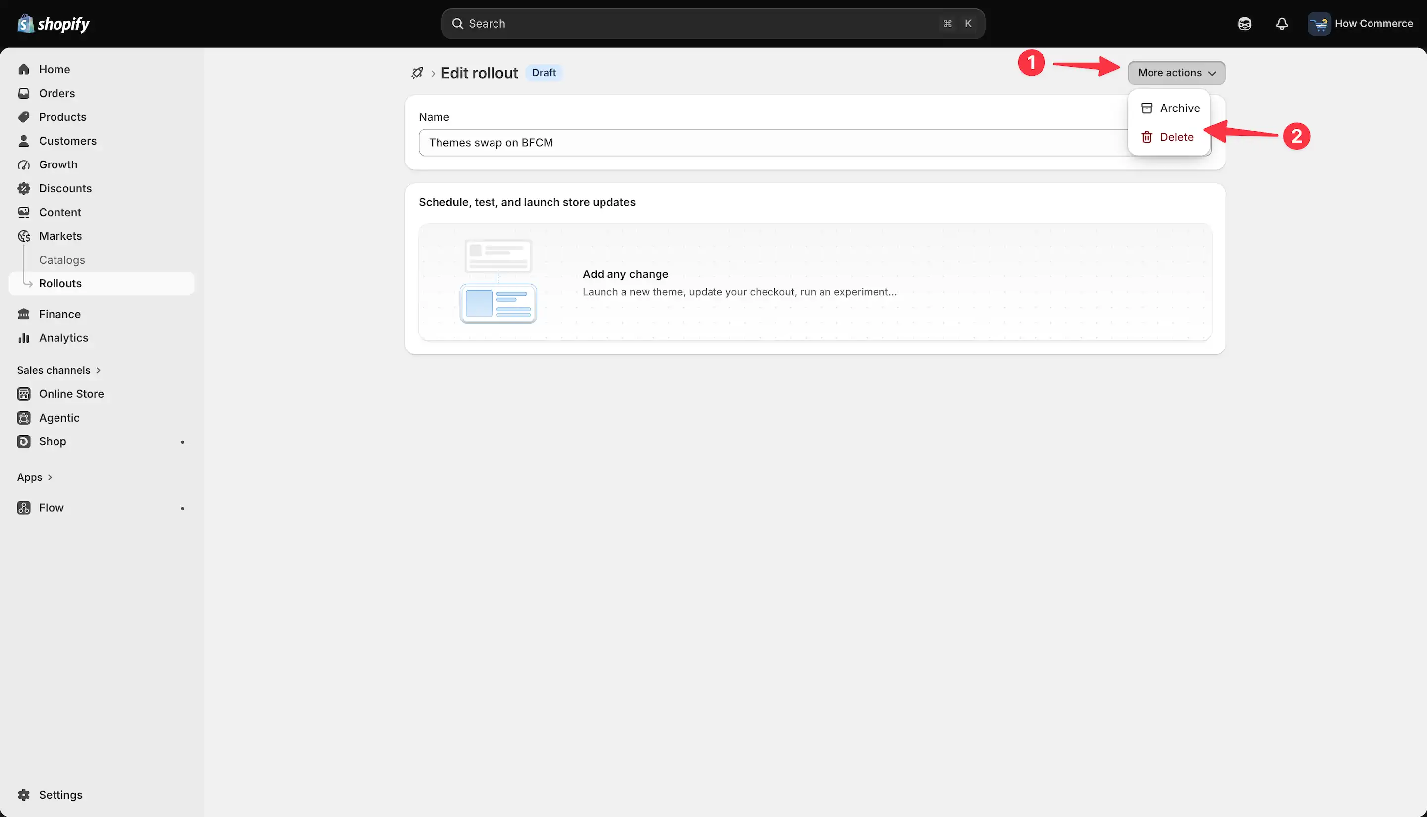 Saved rollout page showing More actions menu with Archive and Delete options