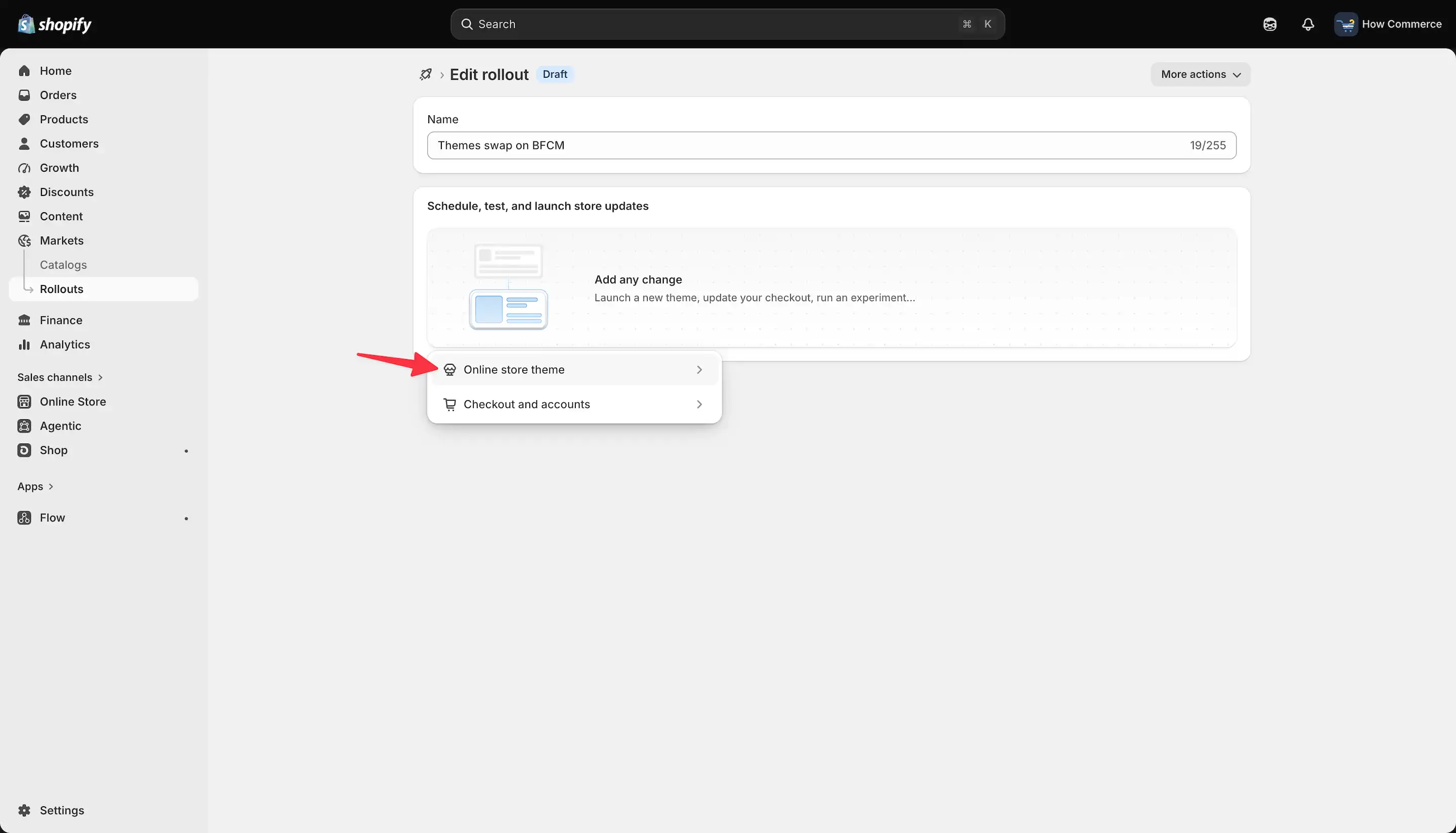 Add any change dropdown menu showing Online store theme and Checkout and accounts options