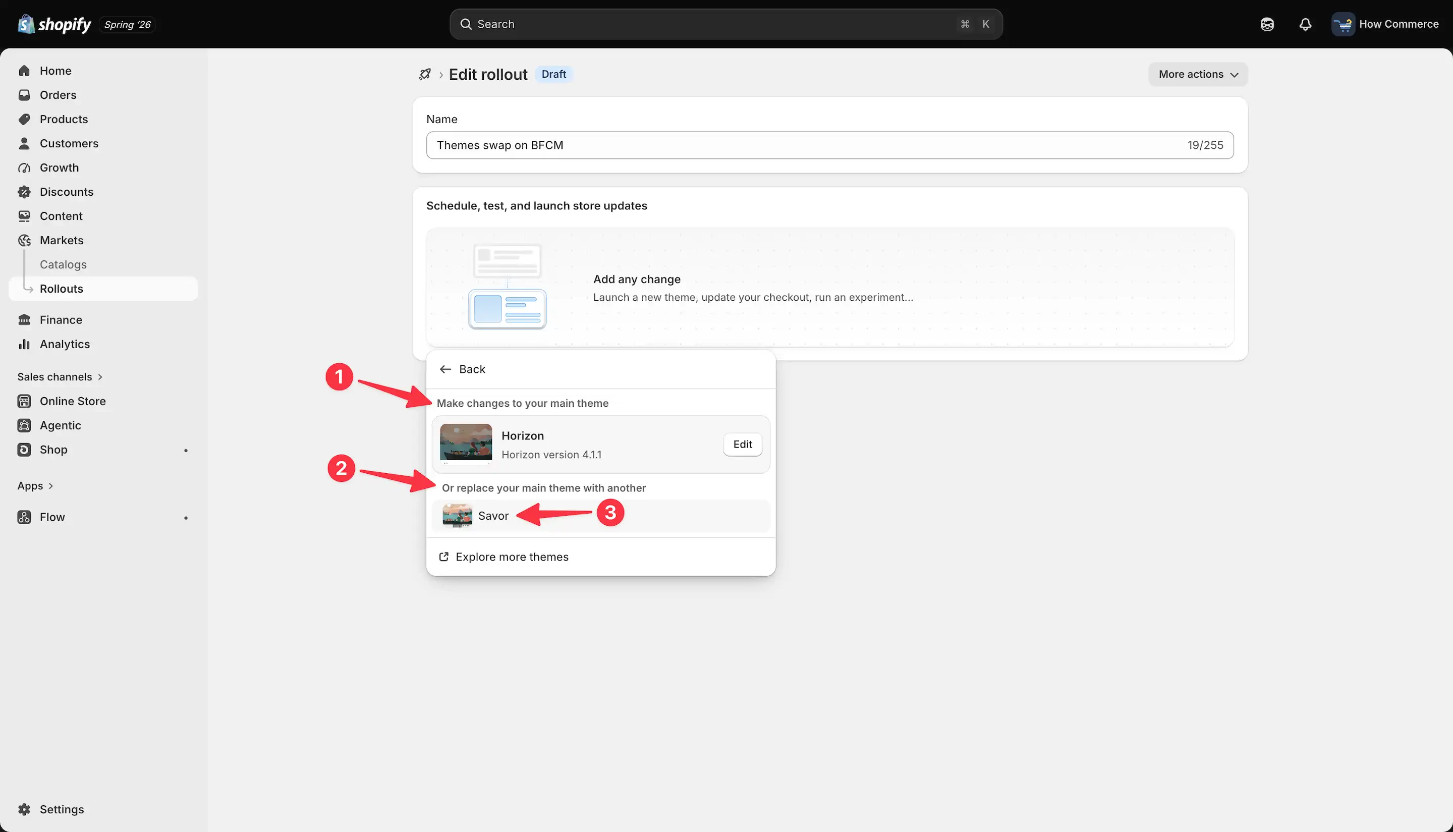Theme selection interface showing current Horizon theme and Savor theme option for replacement